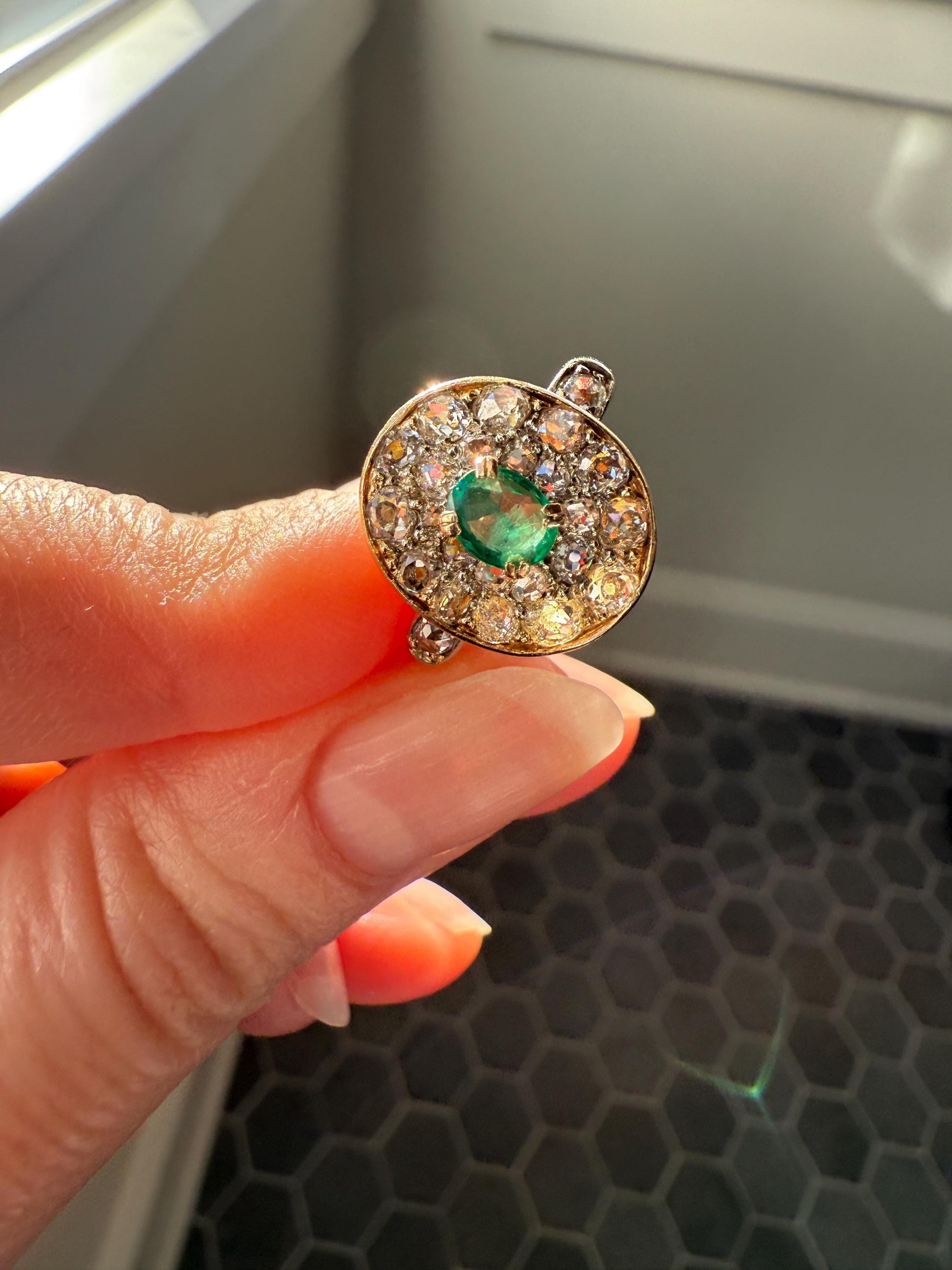 Antique Oval Pave Panel Ring Green Natural Emerald 1.25 Carat Old Mine Cut Diamonds Cluster 18k Gold French Ornate Texture