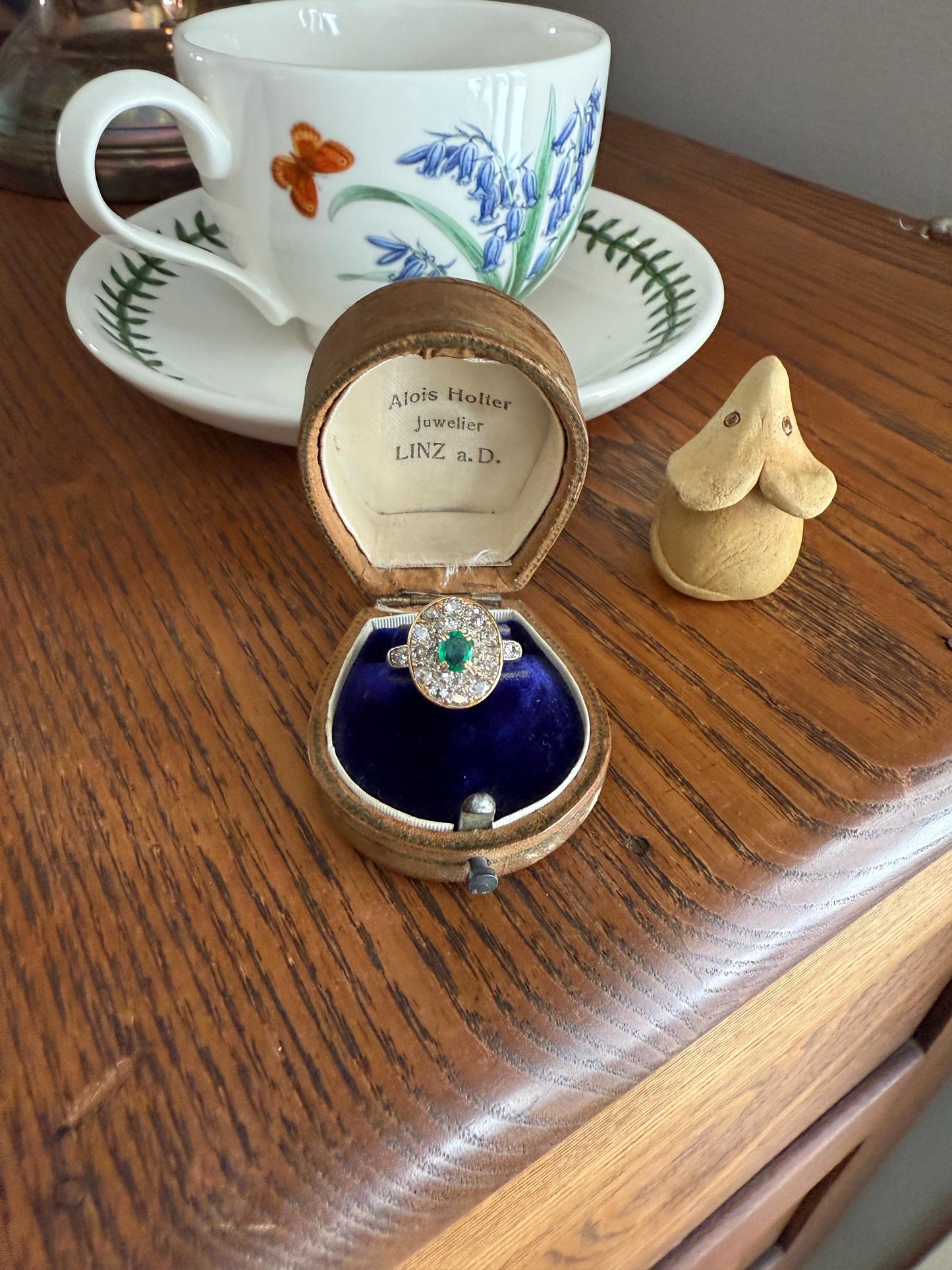 Antique Oval Pave Panel Ring Green Natural Emerald 1.25 Carat Old Mine Cut Diamonds Cluster 18k Gold French Ornate Texture