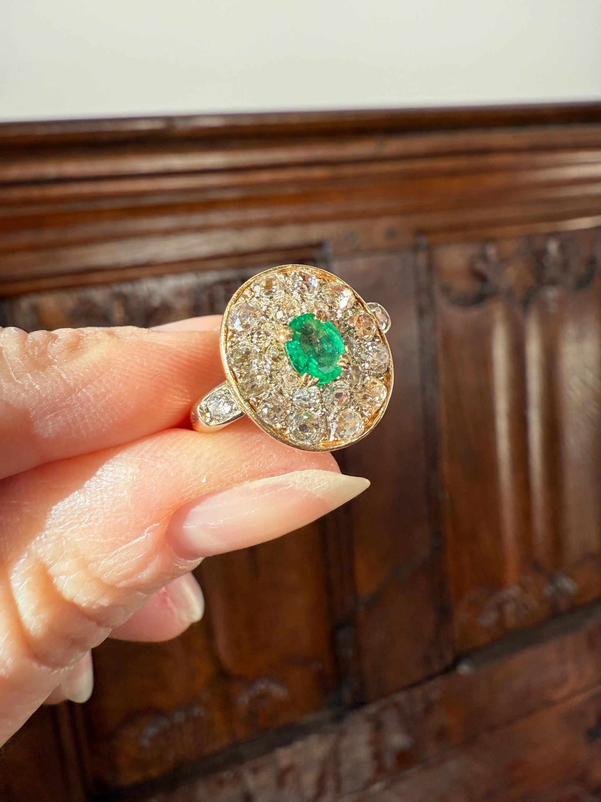 Antique Oval Pave Panel Ring Green Natural Emerald 1.25 Carat Old Mine Cut Diamonds Cluster 18k Gold French Ornate Texture