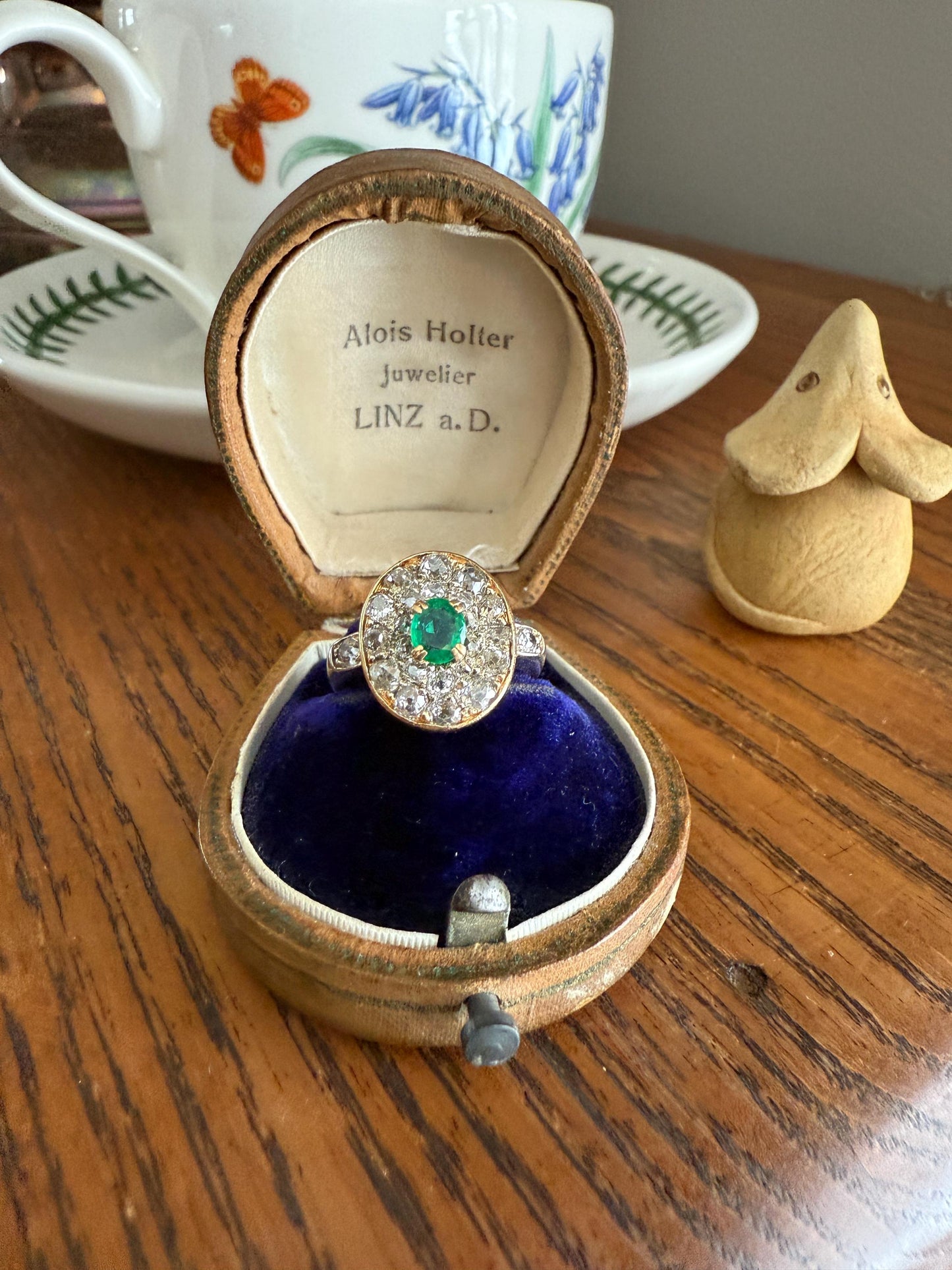 Antique Oval Pave Panel Ring Green Natural Emerald 1.25 Carat Old Mine Cut Diamonds Cluster 18k Gold French Ornate Texture