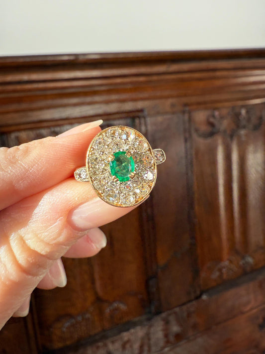 Antique Oval Pave Panel Ring Green Natural Emerald 1.25 Carat Old Mine Cut Diamonds Cluster 18k Gold French Ornate Texture