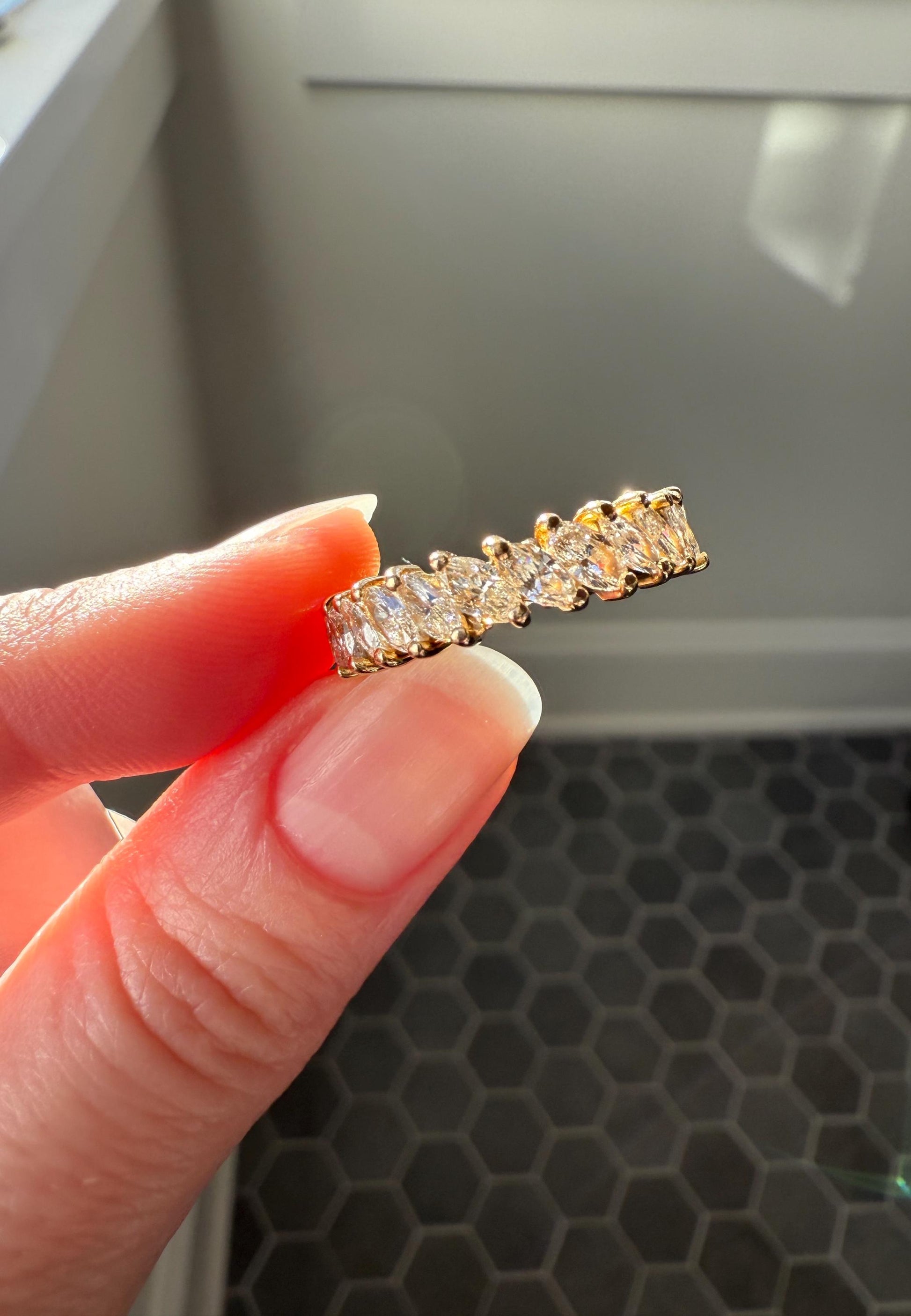 Vintage Two Carats Marquise Navette Cut DIAMOND Full Eternity Hoop Ring 18k Gold French Band Asymmetrical Angled Stacker