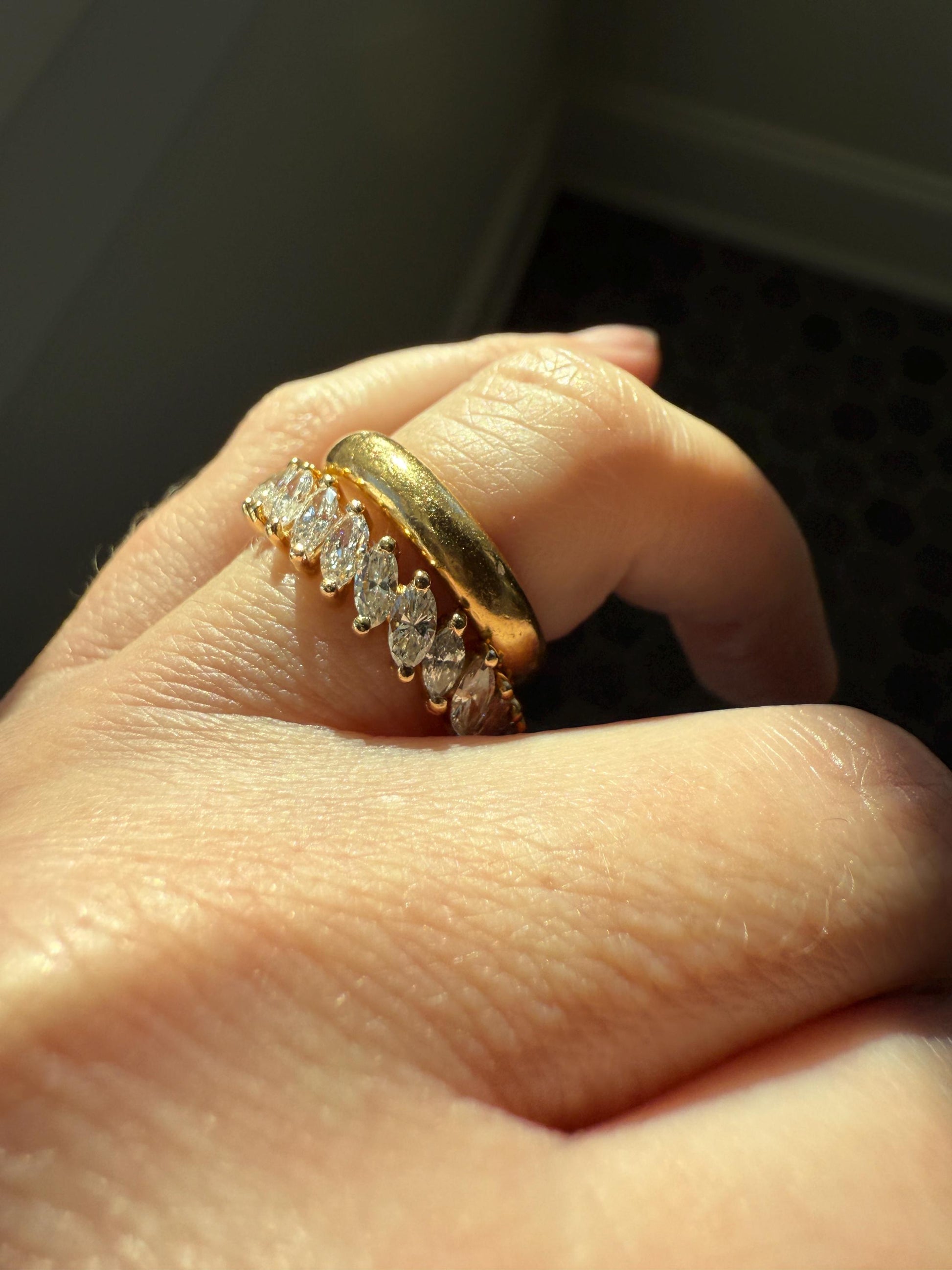 Vintage Two Carats Marquise Navette Cut DIAMOND Full Eternity Hoop Ring 18k Gold French Band Asymmetrical Angled Stacker