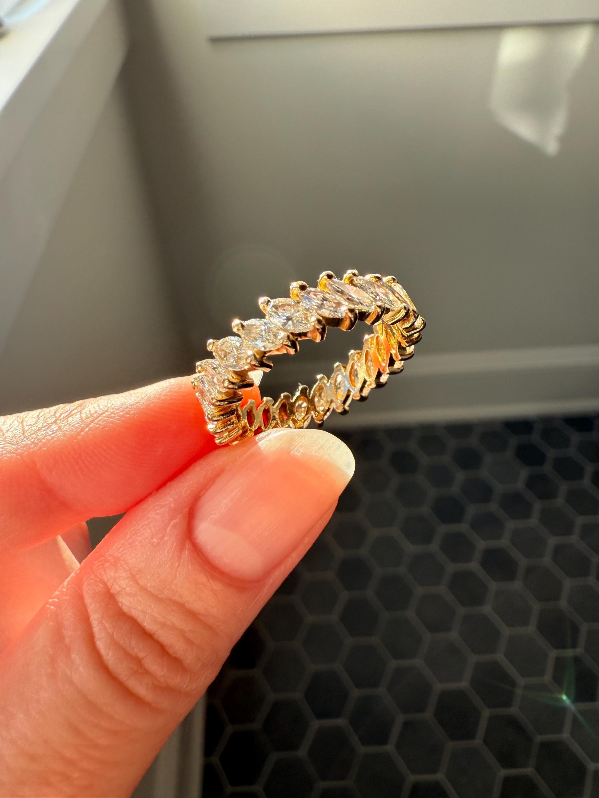 Vintage Two Carats Marquise Navette Cut DIAMOND Full Eternity Hoop Ring 18k Gold French Band Asymmetrical Angled Stacker