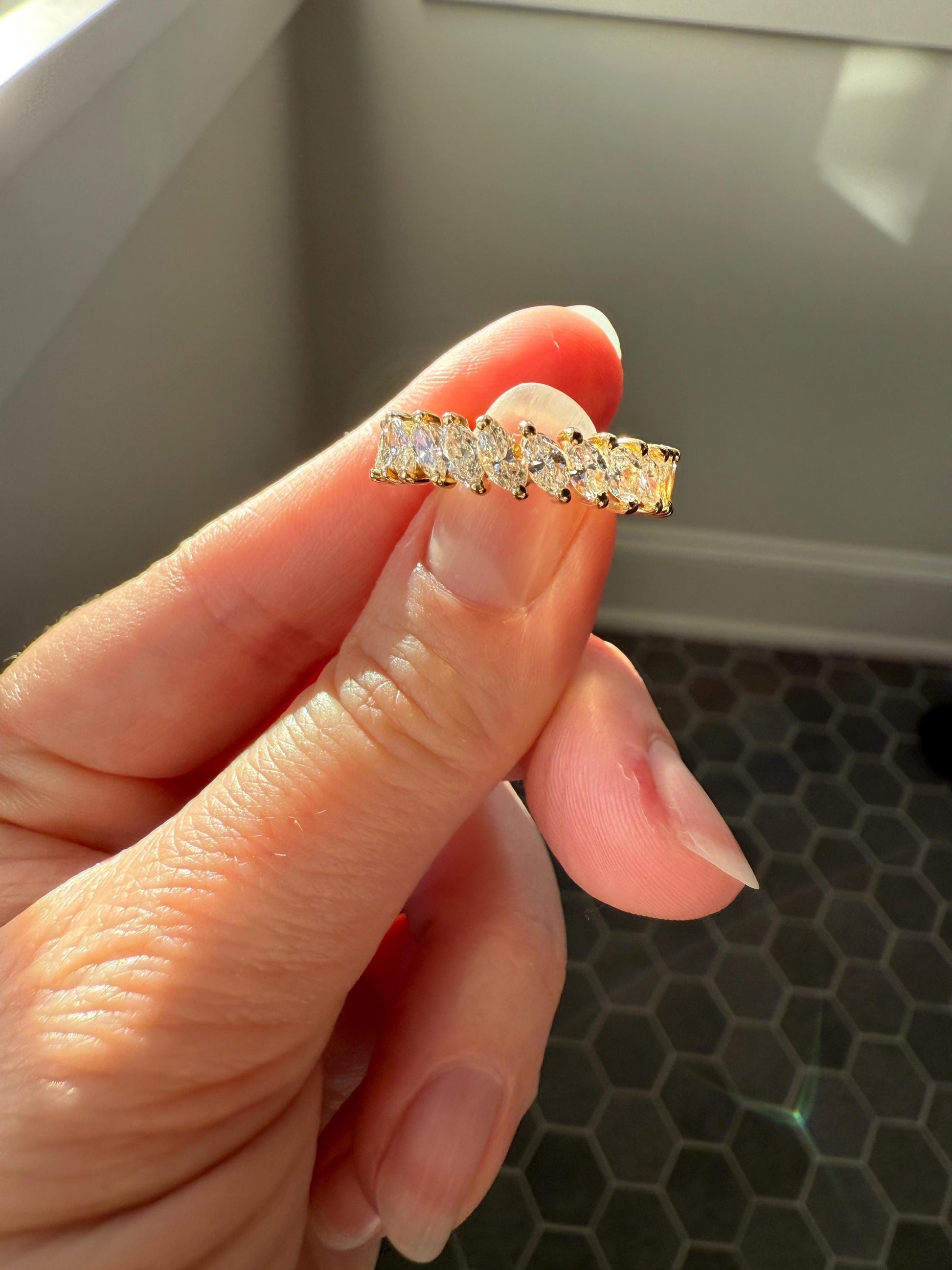 Vintage Two Carats Marquise Navette Cut DIAMOND Full Eternity Hoop Ring 18k Gold French Band Asymmetrical Angled Stacker