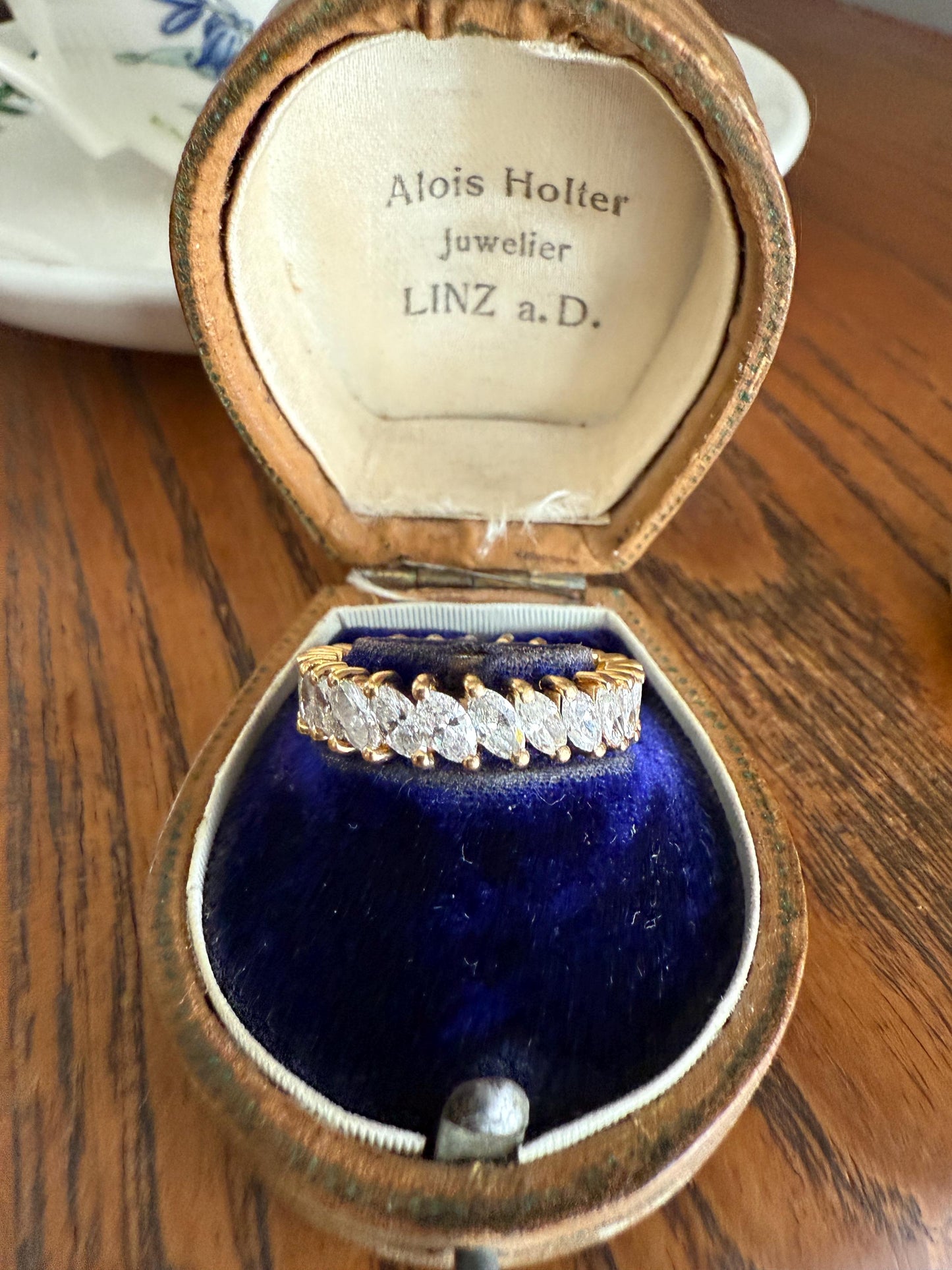 Vintage Two Carats Marquise Navette Cut DIAMOND Full Eternity Hoop Ring 18k Gold French Band Asymmetrical Angled Stacker