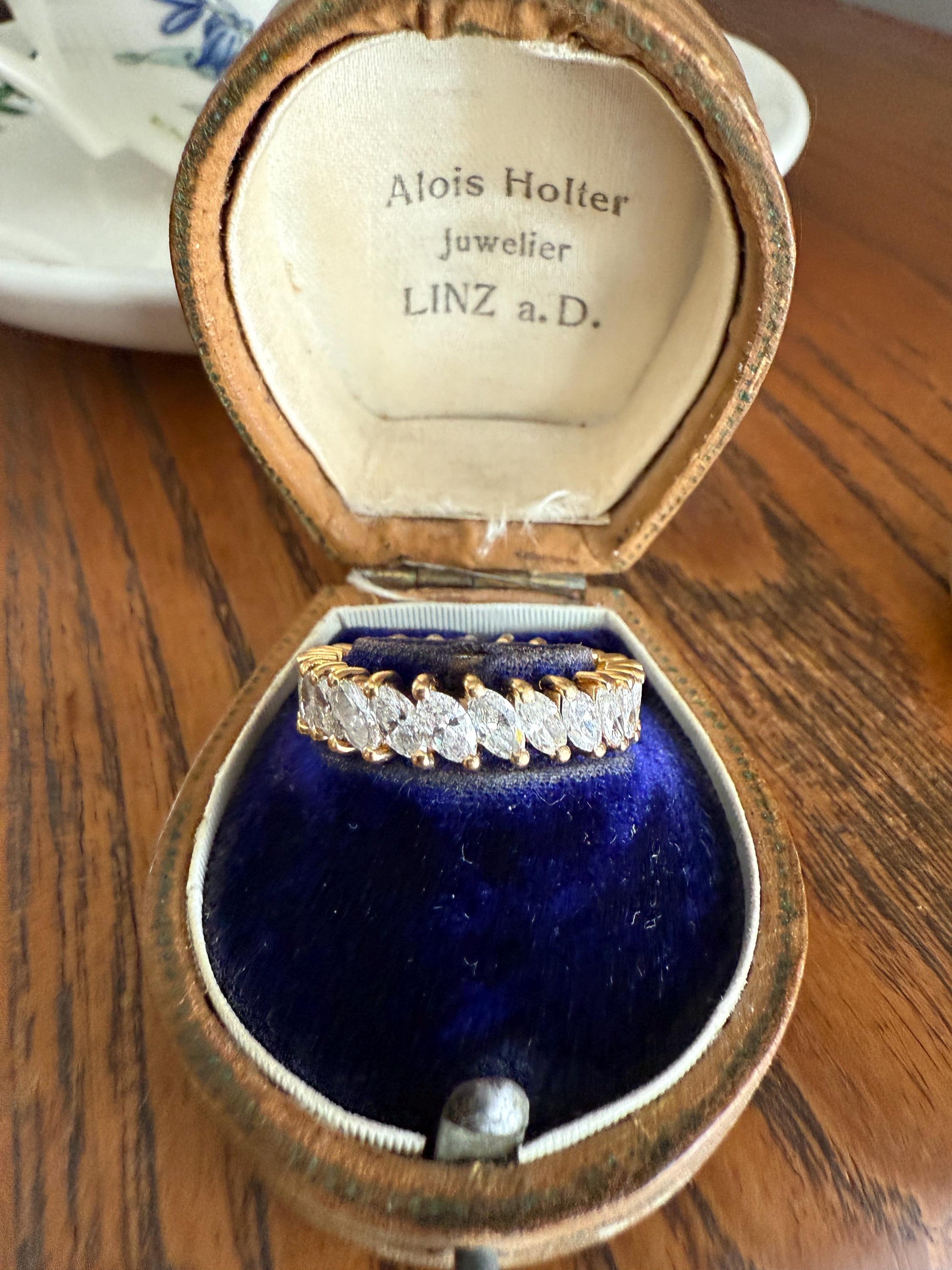 Vintage Two Carats Marquise Navette Cut DIAMOND Full Eternity Hoop Ring 18k Gold French Band Asymmetrical Angled Stacker