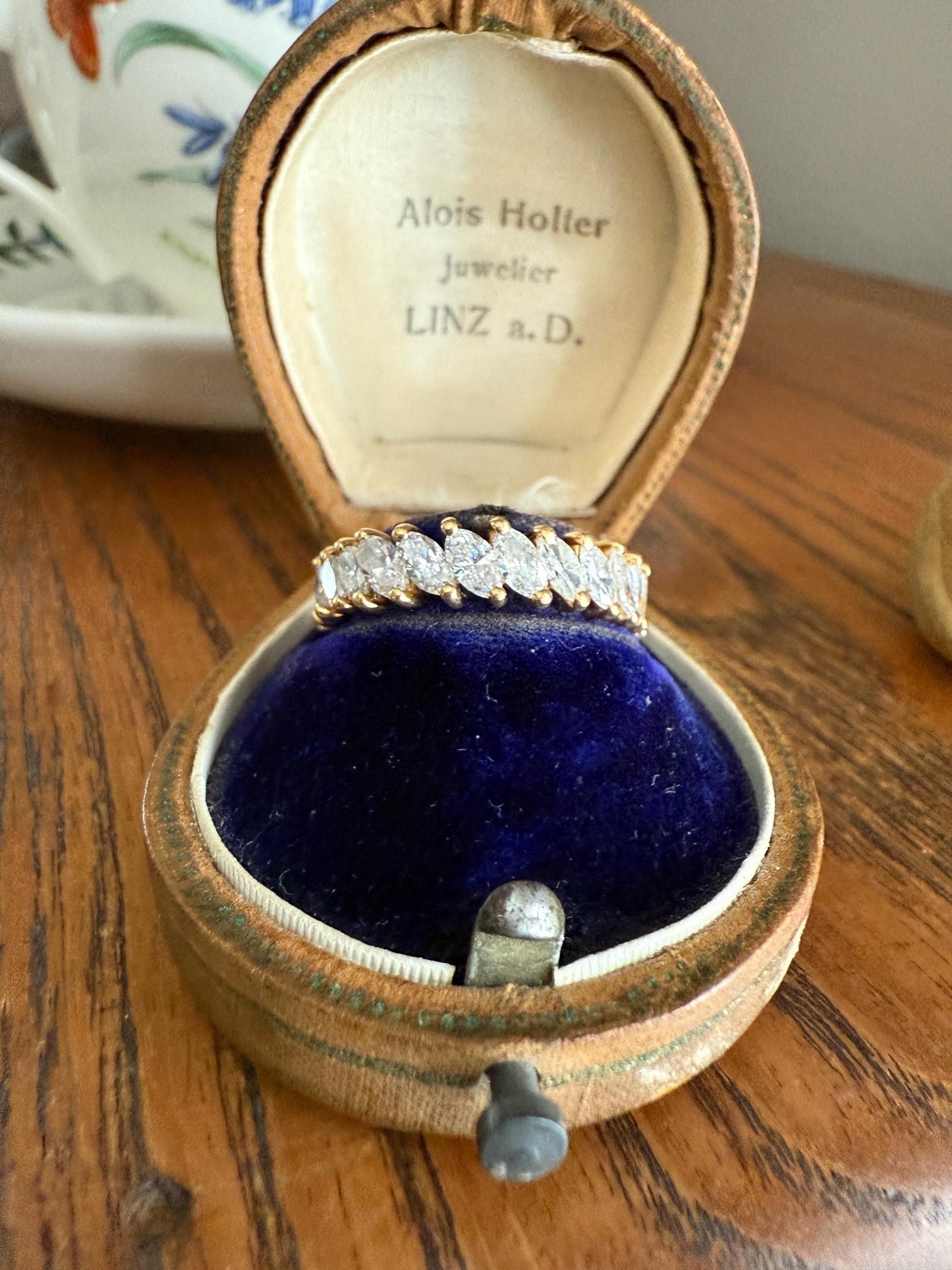 Vintage Two Carats Marquise Navette Cut DIAMOND Full Eternity Hoop Ring 18k Gold French Band Asymmetrical Angled Stacker