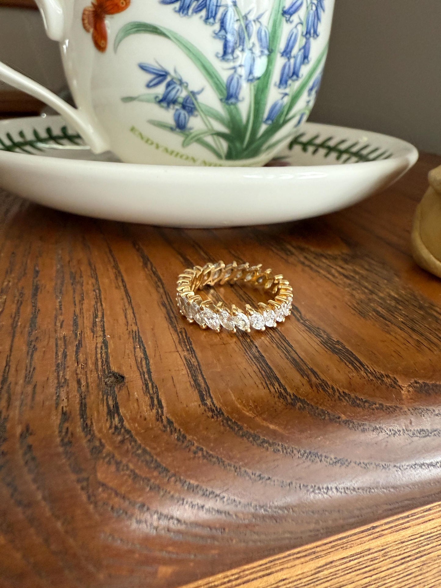Vintage Two Carats Marquise Navette Cut DIAMOND Full Eternity Hoop Ring 18k Gold French Band Asymmetrical Angled Stacker