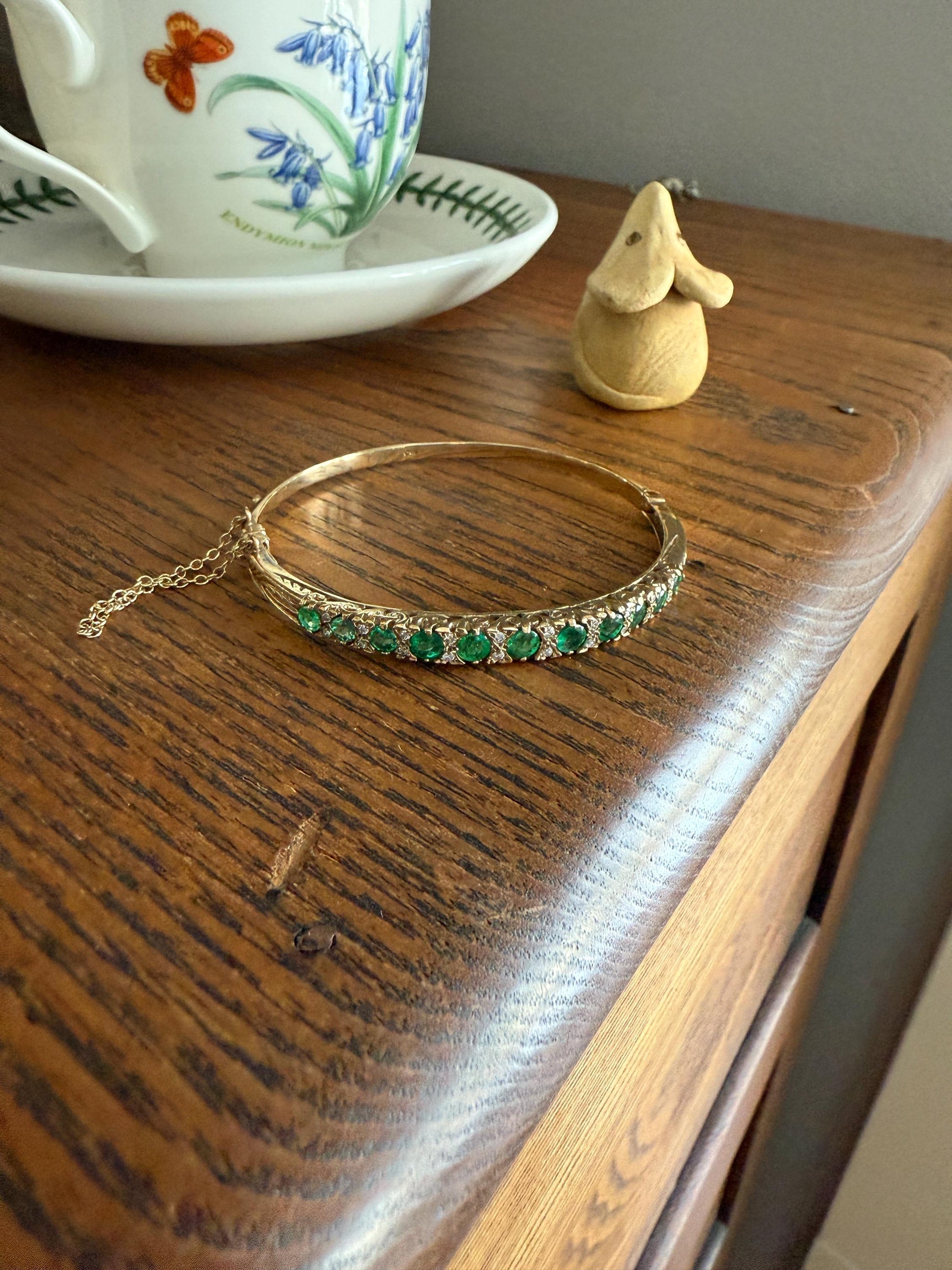 Antique Green Natural EMERALD Single Cut Diamond Hinged Bangle Bracelet 9k Gold Victorian Edwardian Ornate Swirls Not 10k