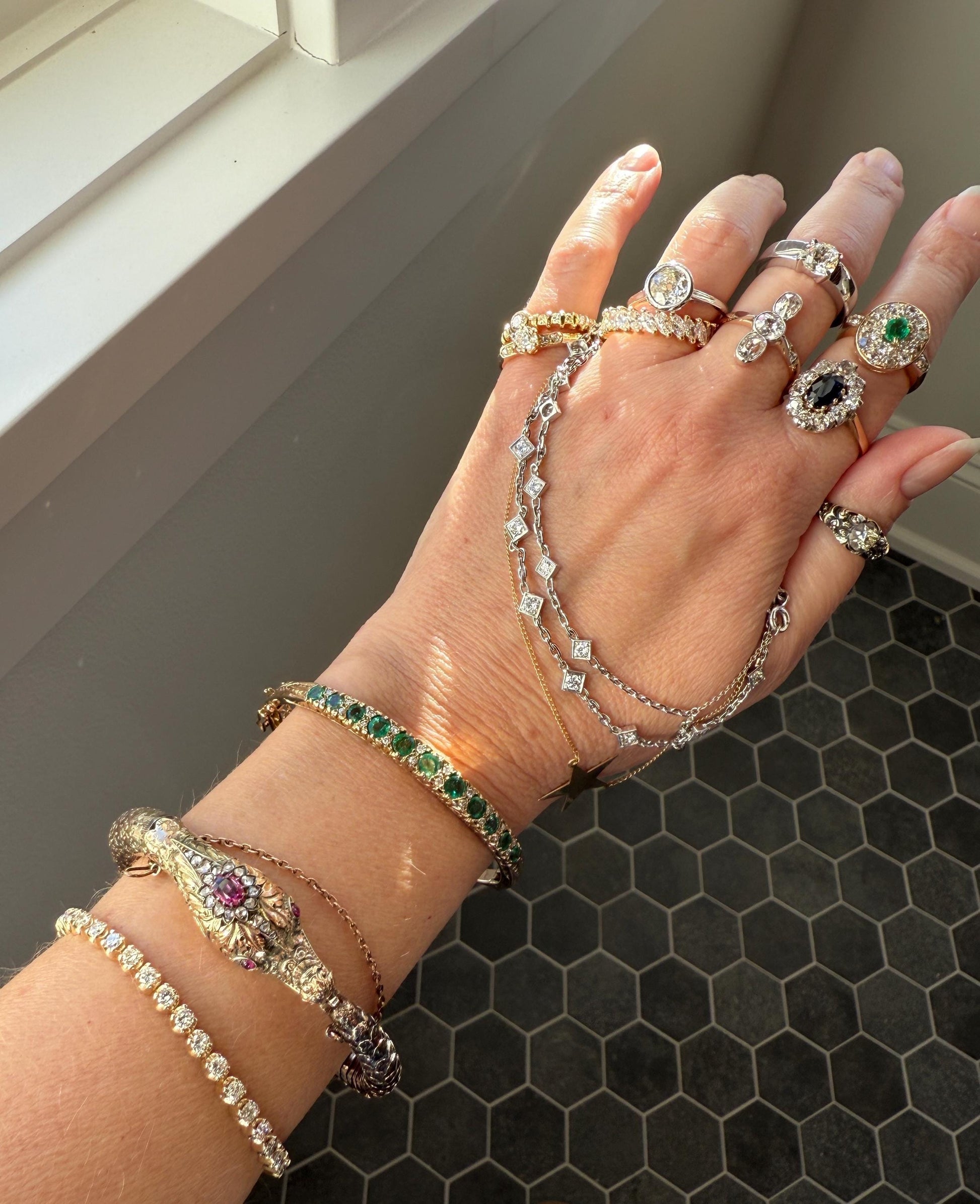 Antique Green Natural EMERALD Single Cut Diamond Hinged Bangle Bracelet 9k Gold Victorian Edwardian Ornate Swirls Not 10k