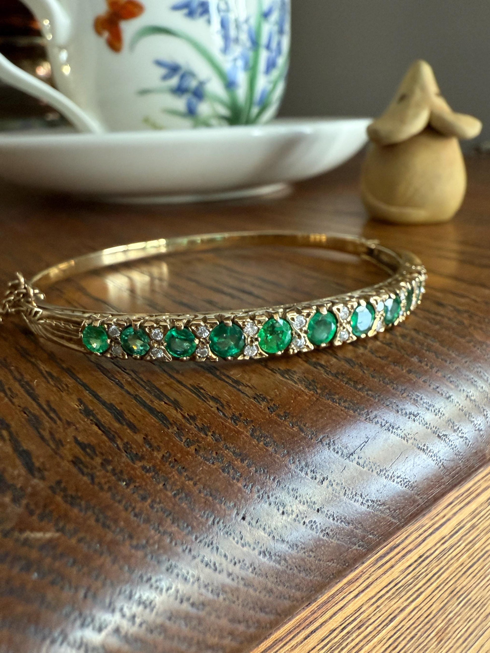 Antique Green Natural EMERALD Single Cut Diamond Hinged Bangle Bracelet 9k Gold Victorian Edwardian Ornate Swirls Not 10k