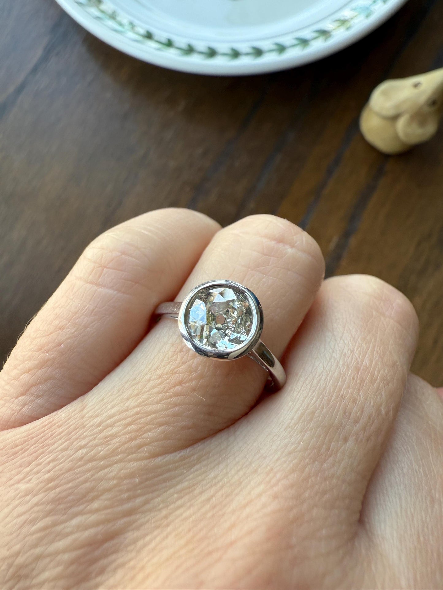 SPREADY Vintage 1.1 Carat Old Mine Cut DIAMOND Bezel Set Ring Art Deco Stacker Band 18k White Gold Solitaire Geometric Engagement