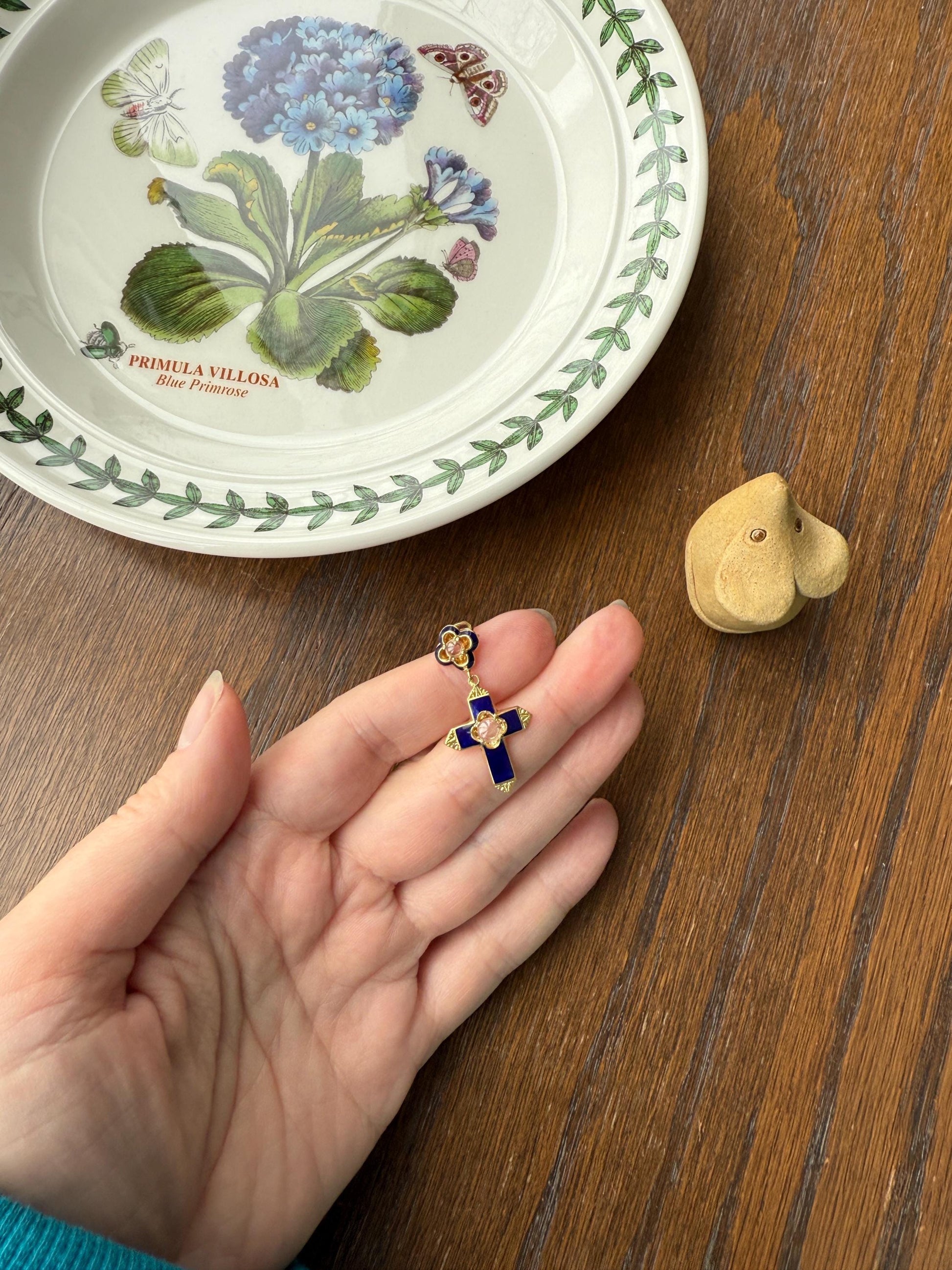 Antique CROSS Pendant French Victorian Cobalt Blue ENAMEL 18k Gold Paste Bead Locket ? Compartment Faceted Split Ring Religious Gift