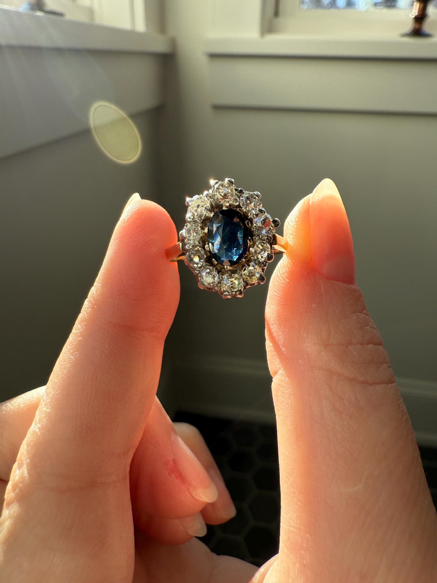 Vintage Natural SAPPHIRE Blue Antique 1.25 Carat Tdw Old Mine Cut DIAMOND Chunky Halo Ring 18k Gold 1.25Ctw OMC
