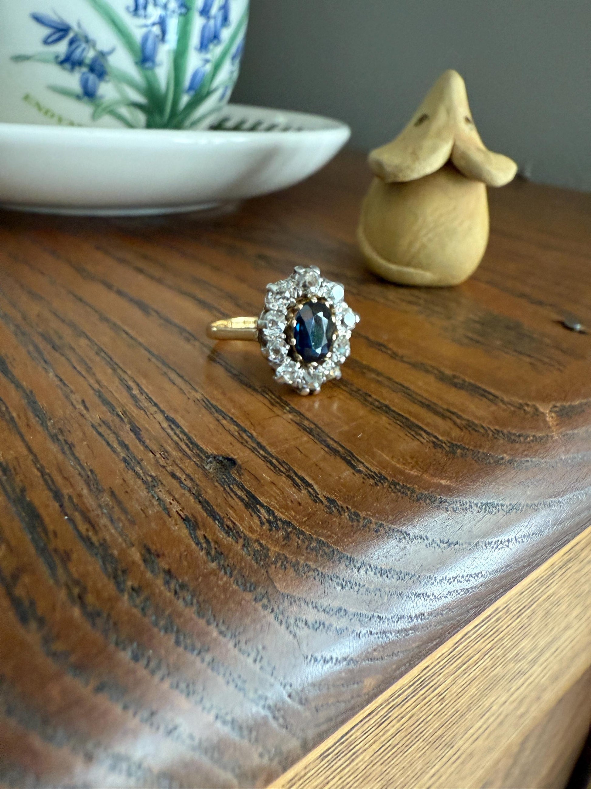 Vintage Natural SAPPHIRE Blue Antique 1.25 Carat Tdw Old Mine Cut DIAMOND Chunky Halo Ring 18k Gold 1.25Ctw OMC