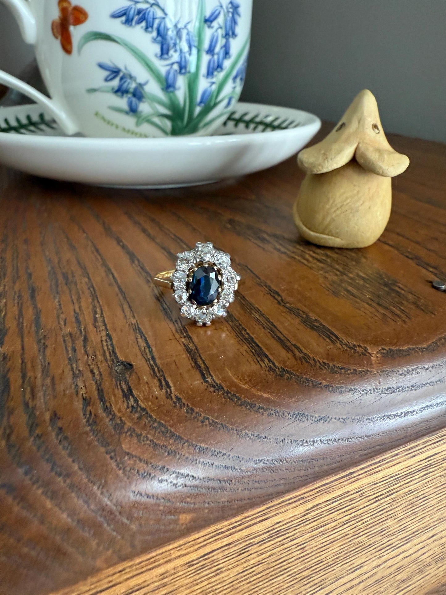 Vintage Natural SAPPHIRE Blue Antique 1.25 Carat Tdw Old Mine Cut DIAMOND Chunky Halo Ring 18k Gold 1.25Ctw OMC