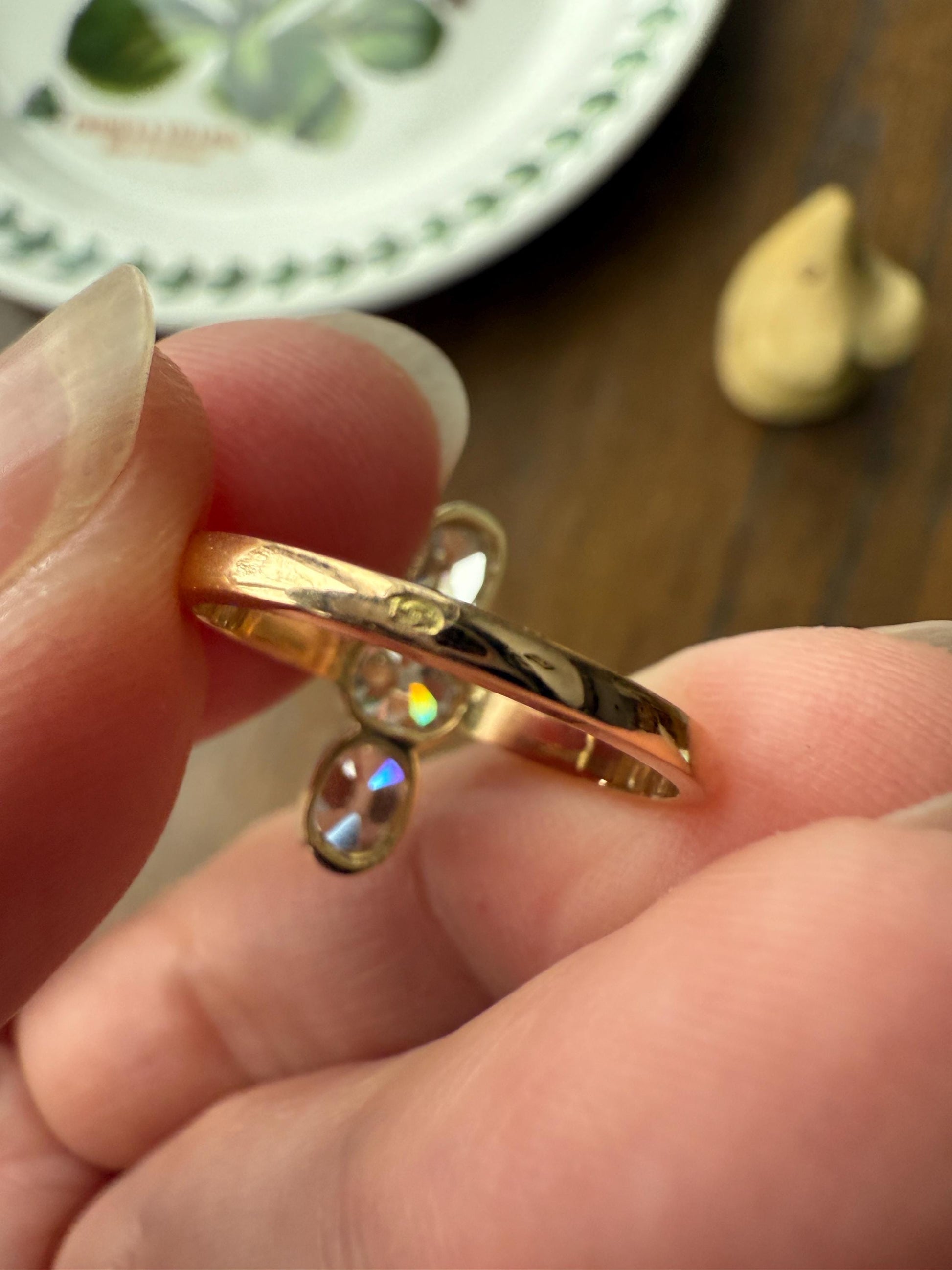 LINEAR 1.7 Carat Elongated Old Mine Cut DIAMONDS Oval & Round Three Stone Ring Chunky French ANTIQUE 18k Gold Unique Bezel Set