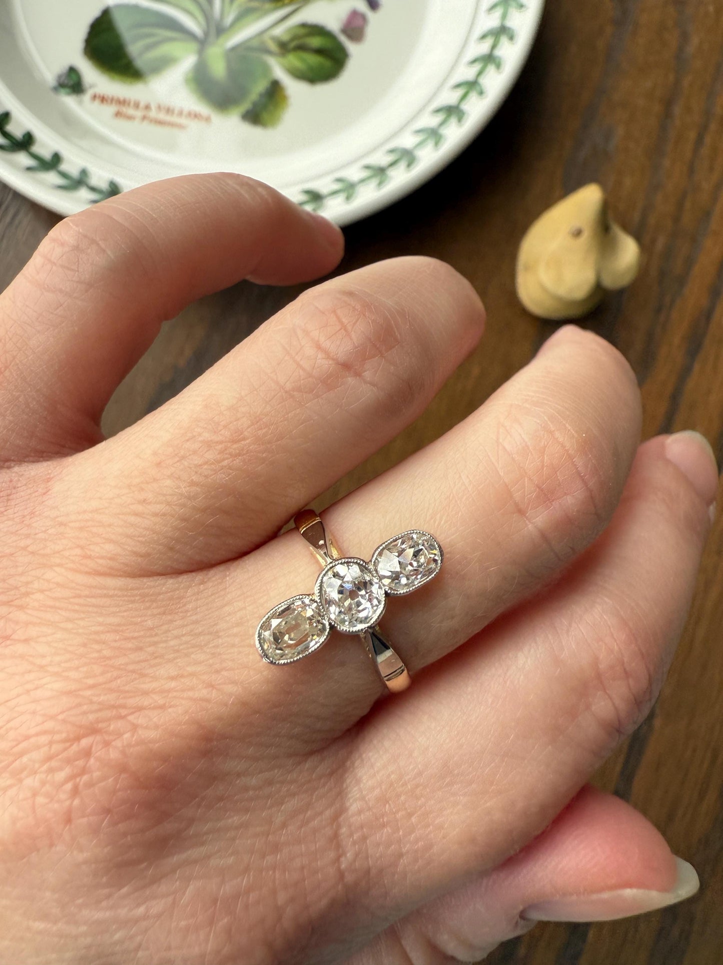 LINEAR 1.7 Carat Elongated Old Mine Cut DIAMONDS Oval & Round Three Stone Ring Chunky French ANTIQUE 18k Gold Unique Bezel Set