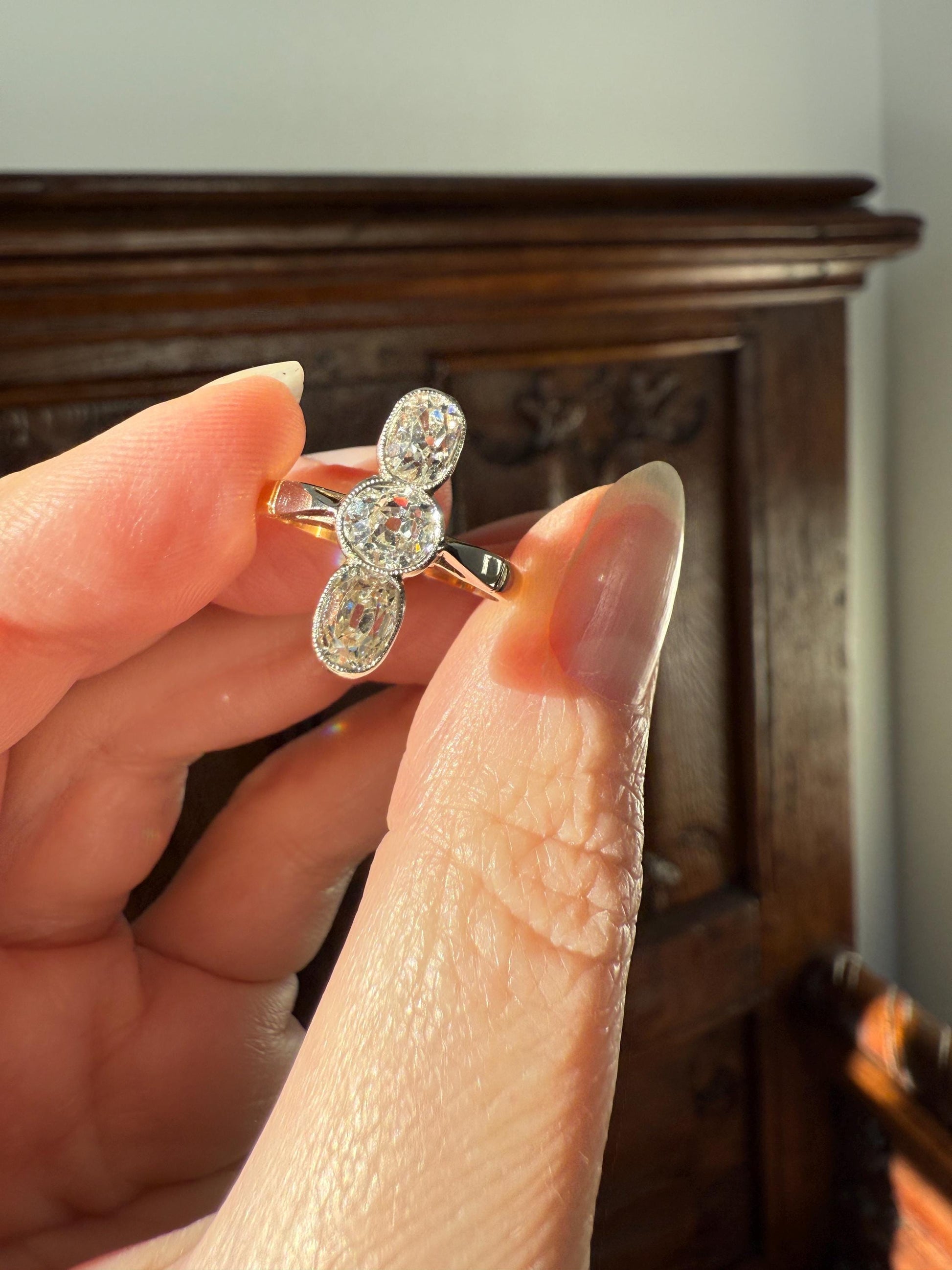 LINEAR 1.7 Carat Elongated Old Mine Cut DIAMONDS Oval & Round Three Stone Ring Chunky French ANTIQUE 18k Gold Unique Bezel Set