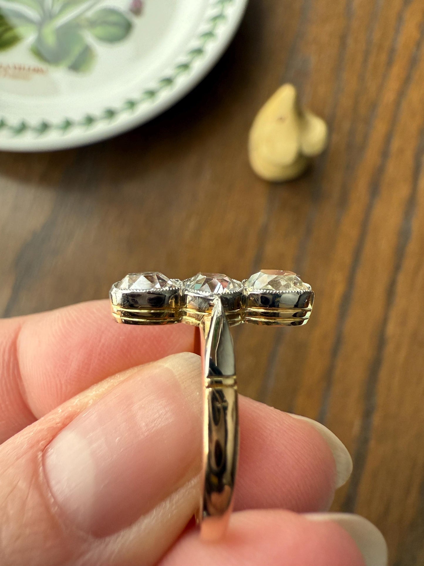 LINEAR 1.7 Carat Elongated Old Mine Cut DIAMONDS Oval & Round Three Stone Ring Chunky French ANTIQUE 18k Gold Unique Bezel Set