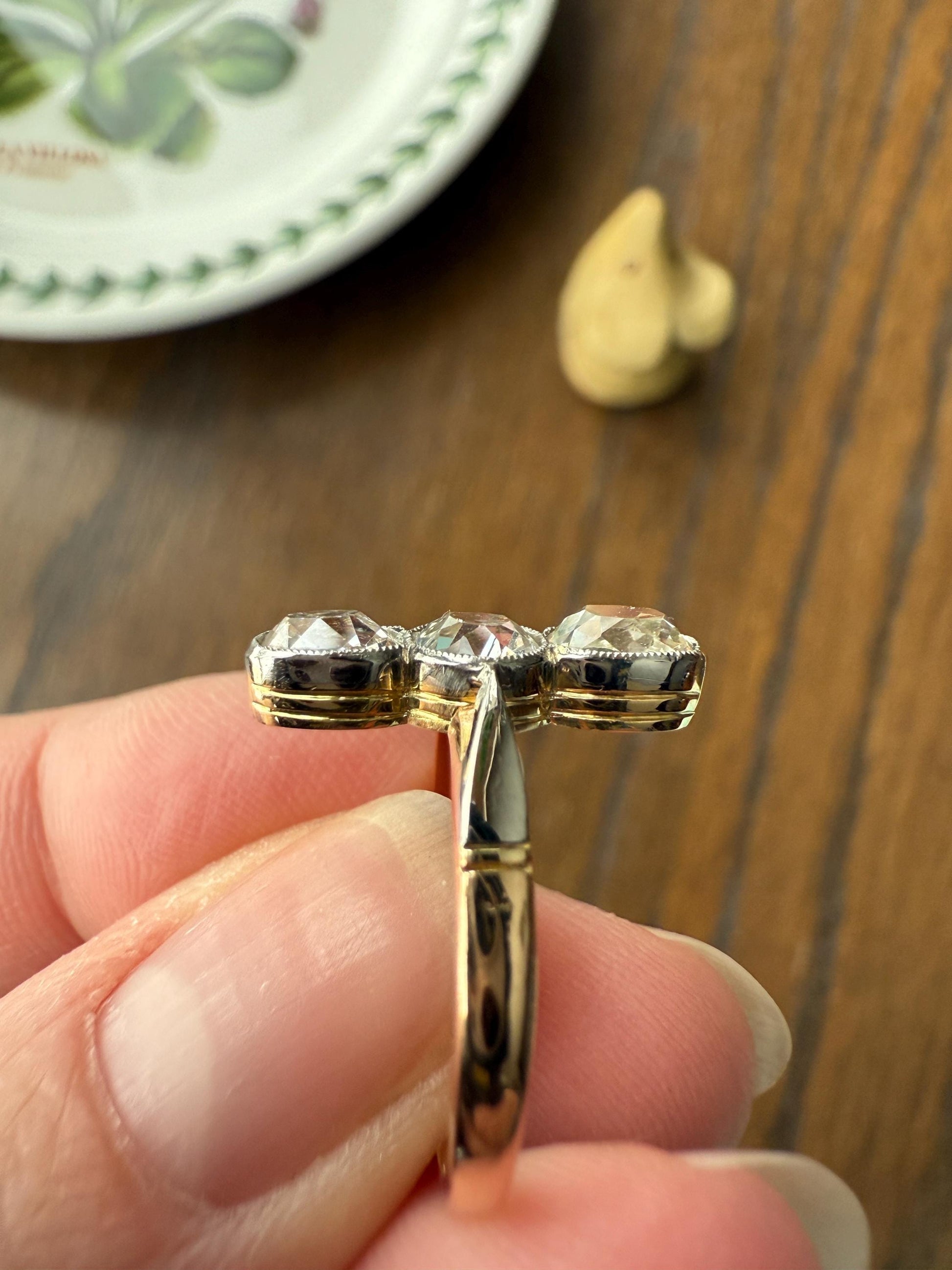 LINEAR 1.7 Carat Elongated Old Mine Cut DIAMONDS Oval & Round Three Stone Ring Chunky French ANTIQUE 18k Gold Unique Bezel Set