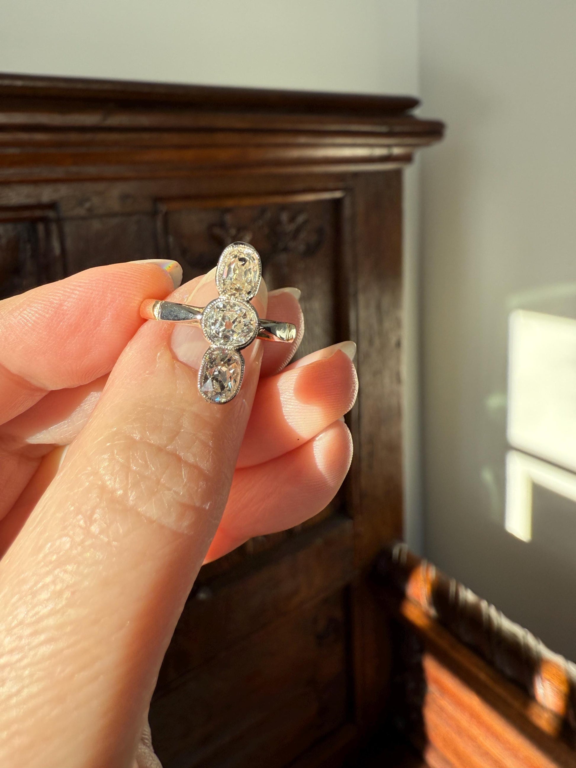 LINEAR 1.7 Carat Elongated Old Mine Cut DIAMONDS Oval & Round Three Stone Ring Chunky French ANTIQUE 18k Gold Unique Bezel Set