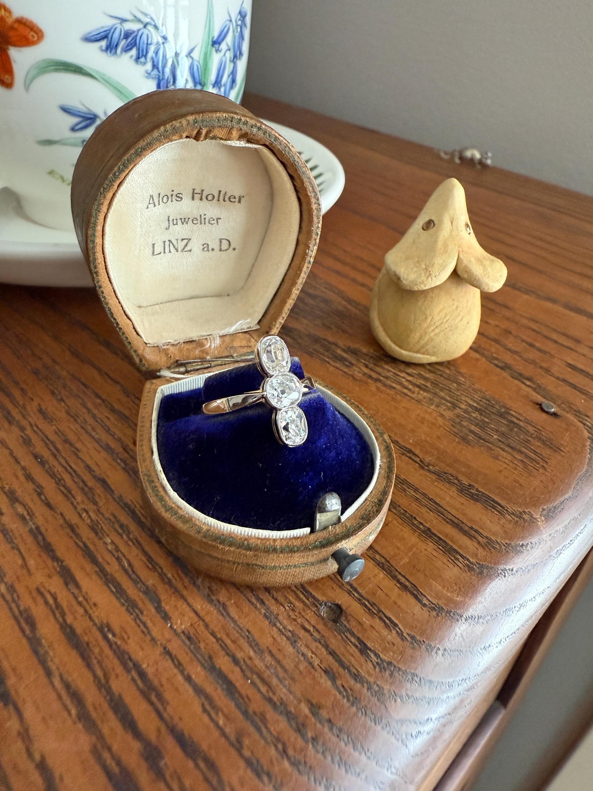 LINEAR 1.7 Carat Elongated Old Mine Cut DIAMONDS Oval & Round Three Stone Ring Chunky French ANTIQUE 18k Gold Unique Bezel Set