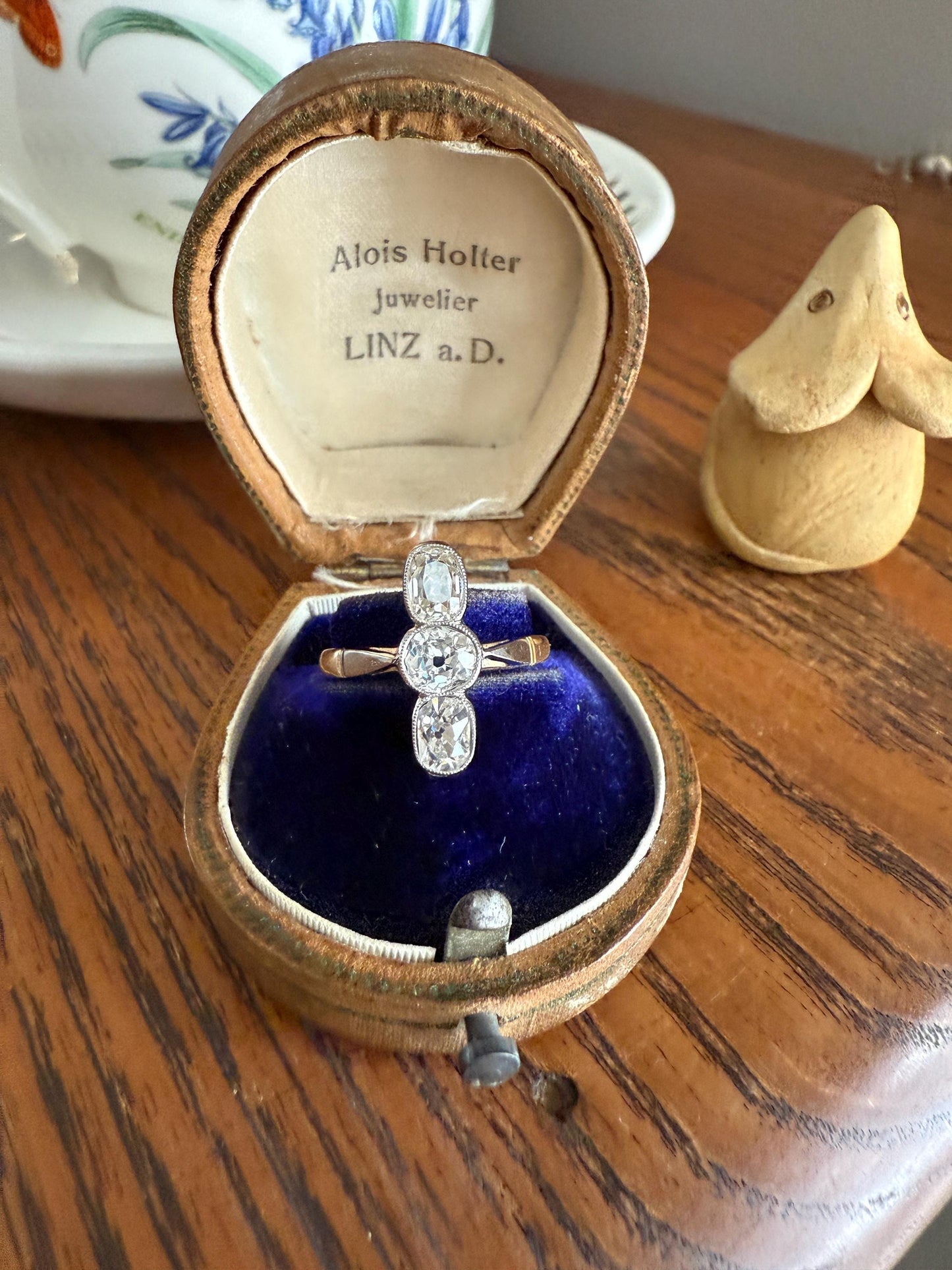 LINEAR 1.7 Carat Elongated Old Mine Cut DIAMONDS Oval & Round Three Stone Ring Chunky French ANTIQUE 18k Gold Unique Bezel Set