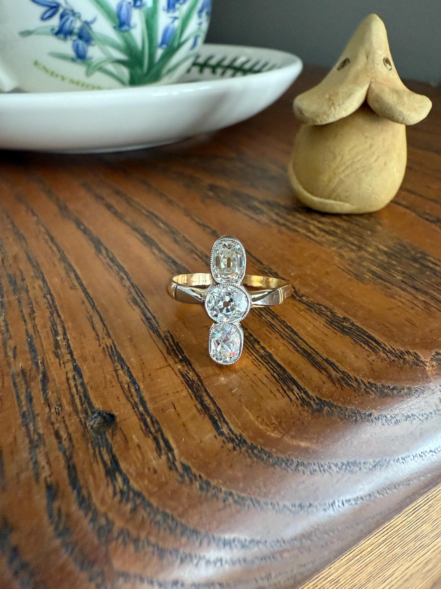 LINEAR 1.7 Carat Elongated Old Mine Cut DIAMONDS Oval & Round Three Stone Ring Chunky French ANTIQUE 18k Gold Unique Bezel Set