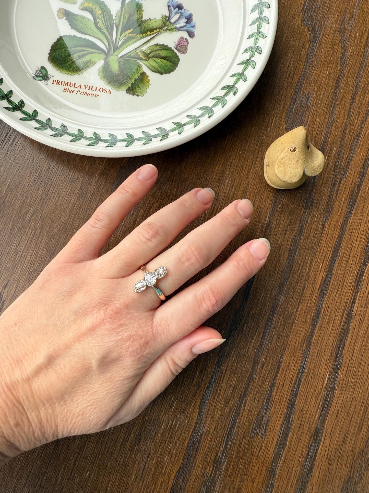 LINEAR 1.7 Carat Elongated Old Mine Cut DIAMONDS Oval & Round Three Stone Ring Chunky French ANTIQUE 18k Gold Unique Bezel Set