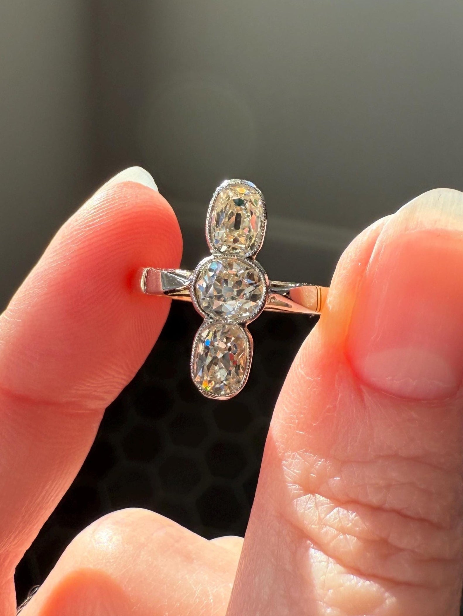 LINEAR 1.7 Carat Elongated Old Mine Cut DIAMONDS Oval & Round Three Stone Ring Chunky French ANTIQUE 18k Gold Unique Bezel Set