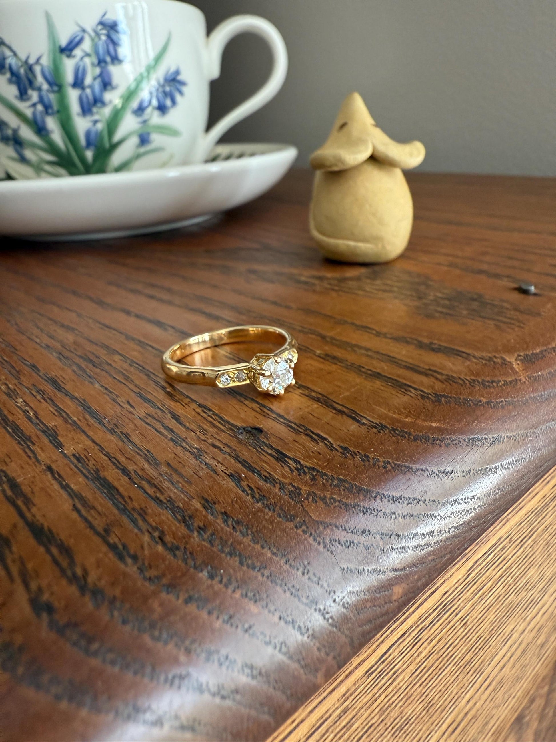 Classic Antique .6 Carat Old Mine Cut Diamond Solitaire & Accents 18k Gold French Victorian Engagement Ring Band Minimalist Stacker OMC