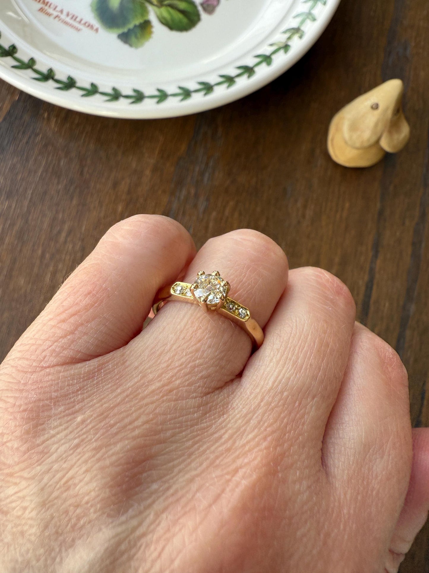 Classic Antique .6 Carat Old Mine Cut Diamond Solitaire & Accents 18k Gold French Victorian Engagement Ring Band Minimalist Stacker OMC