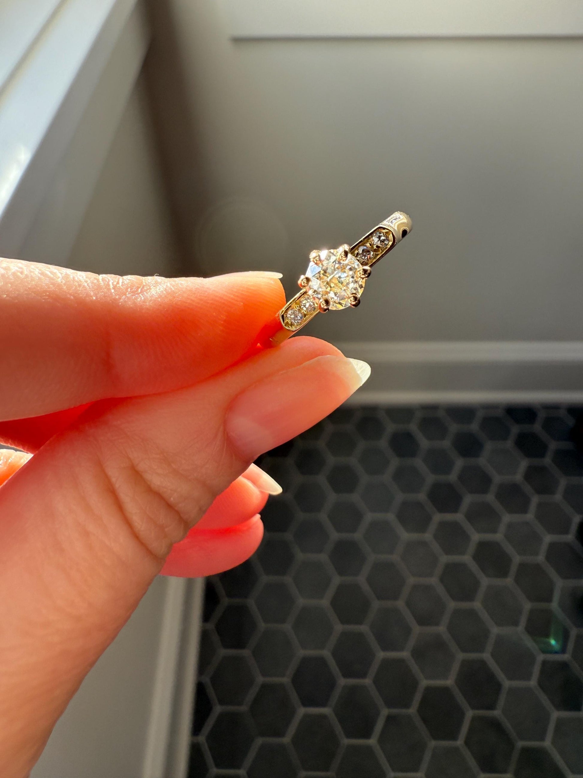 Classic Antique .6 Carat Old Mine Cut Diamond Solitaire & Accents 18k Gold French Victorian Engagement Ring Band Minimalist Stacker OMC