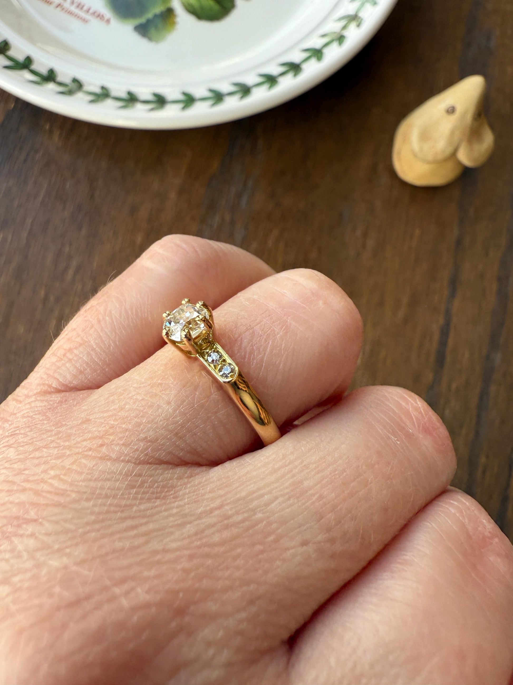 Classic Antique .6 Carat Old Mine Cut Diamond Solitaire & Accents 18k Gold French Victorian Engagement Ring Band Minimalist Stacker OMC
