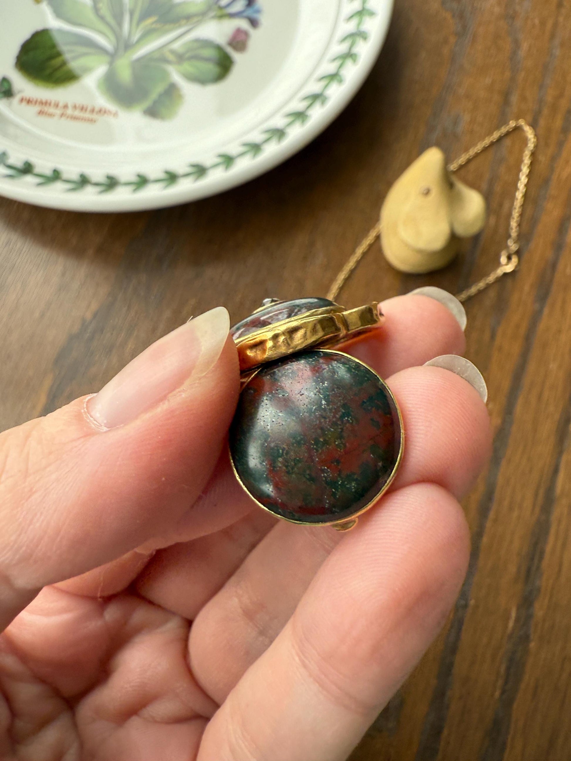 Antique BLOODSTONE Rose Cut DIAMOND Inlay Reversible Fob Locket Pendant 18k Gold on GF Chain Green Two Sided Chunky Chubby Victorian