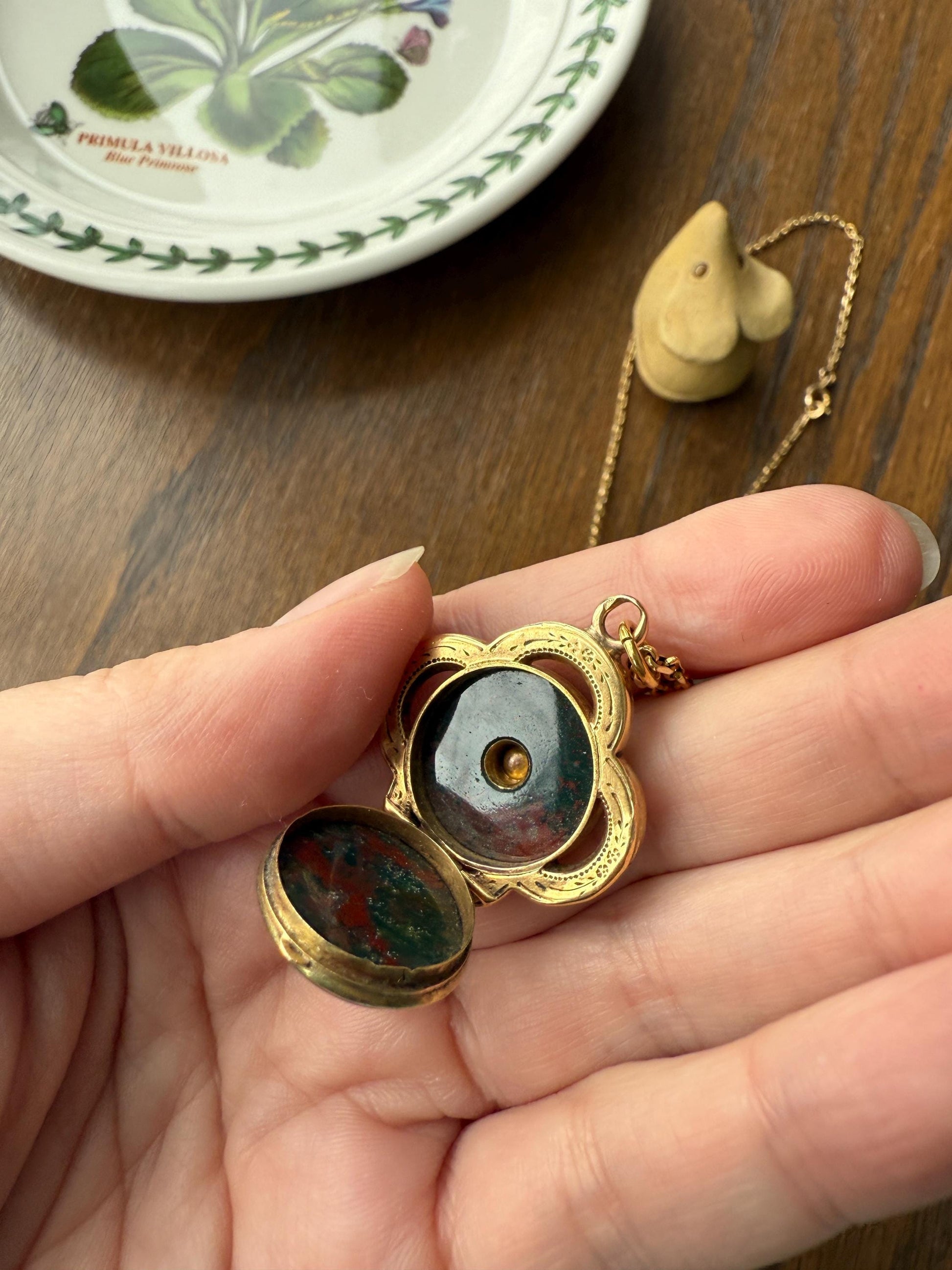 Antique BLOODSTONE Rose Cut DIAMOND Inlay Reversible Fob Locket Pendant 18k Gold on GF Chain Green Two Sided Chunky Chubby Victorian
