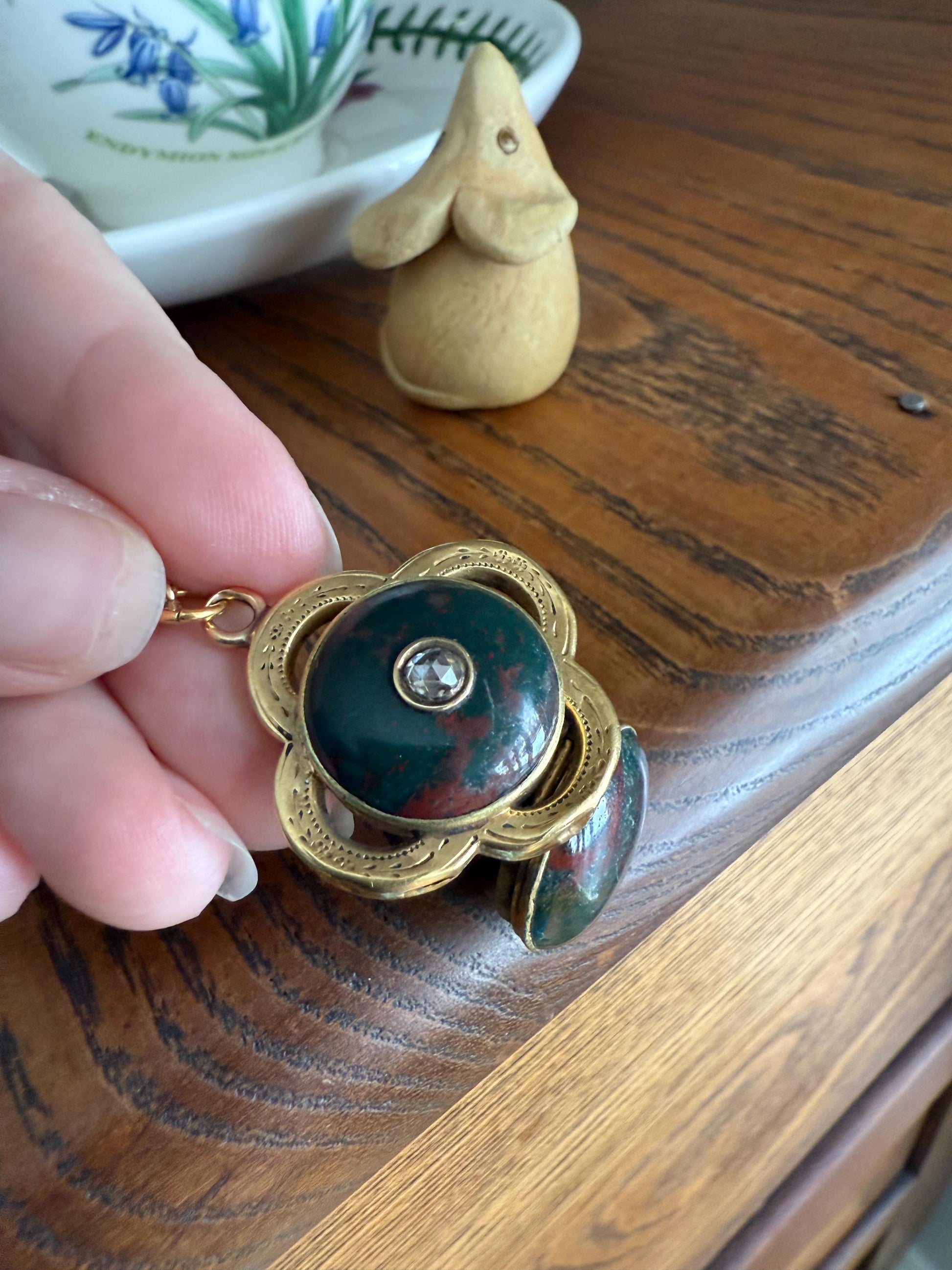 Antique BLOODSTONE Rose Cut DIAMOND Inlay Reversible Fob Locket Pendant 18k Gold on GF Chain Green Two Sided Chunky Chubby Victorian