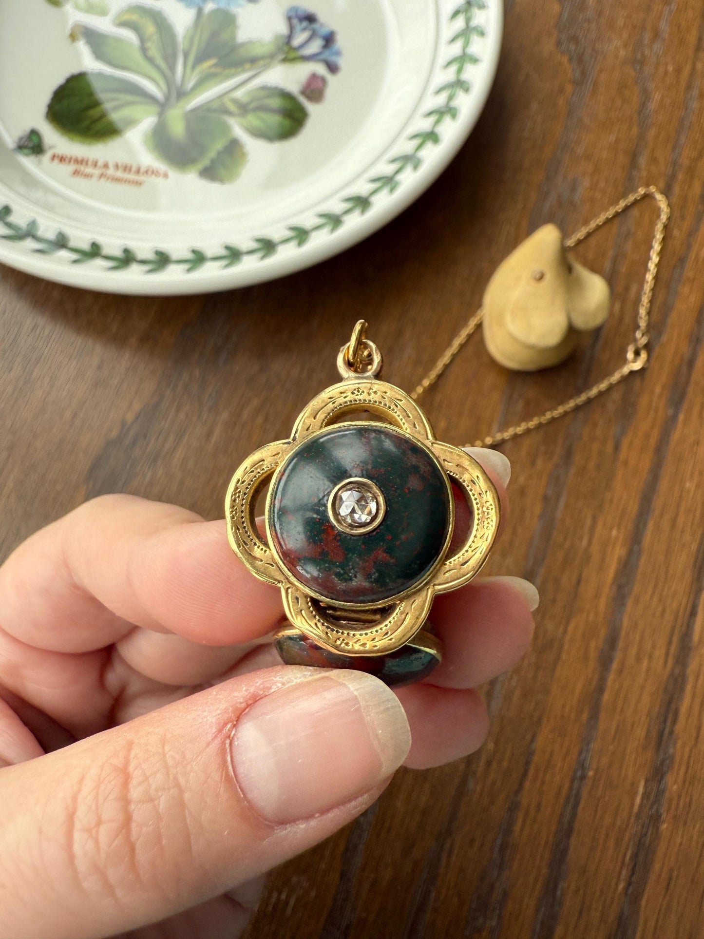 Antique BLOODSTONE Rose Cut DIAMOND Inlay Reversible Fob Locket Pendant 18k Gold on GF Chain Green Two Sided Chunky Chubby Victorian