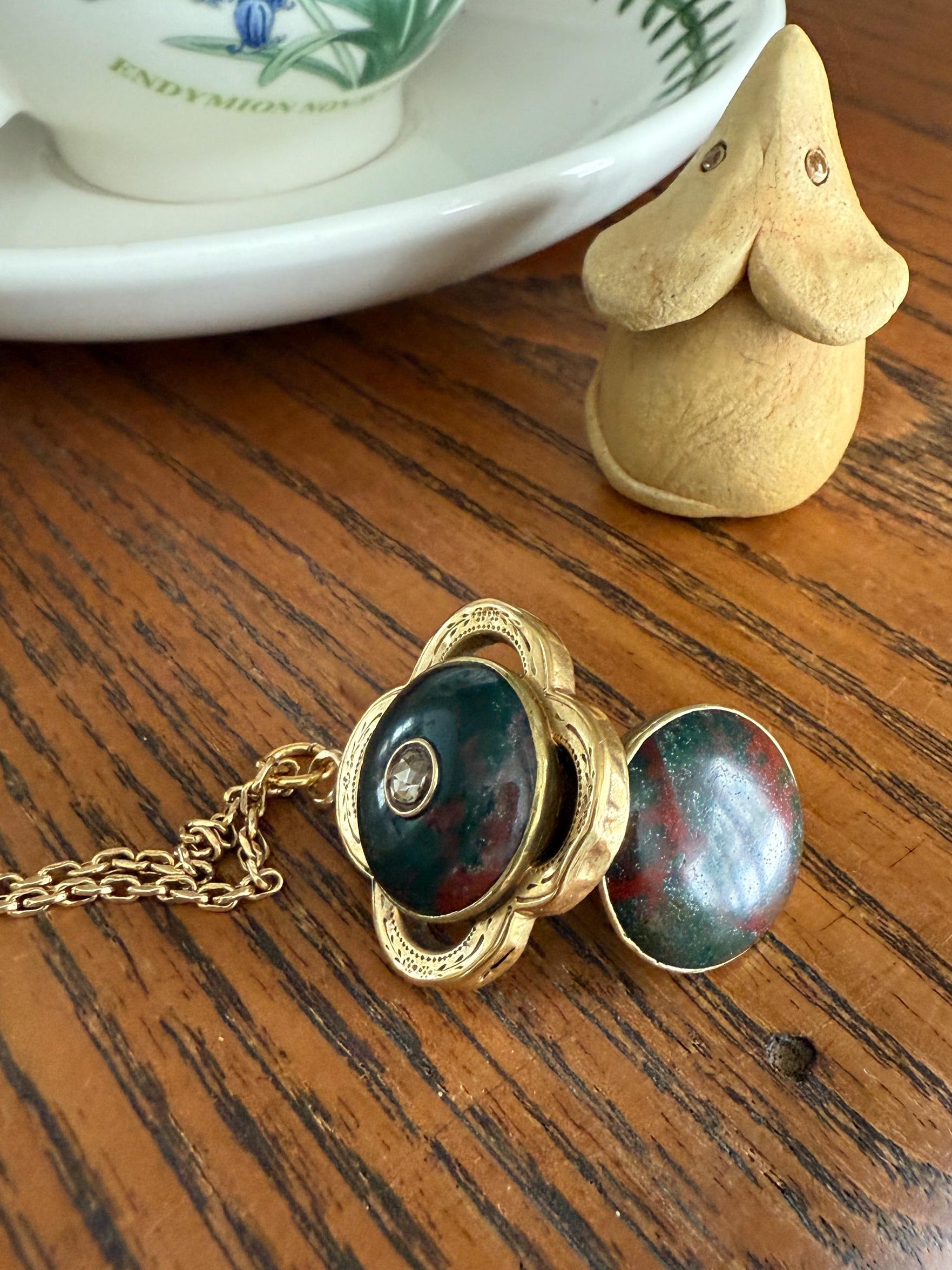 Antique BLOODSTONE Rose Cut DIAMOND Inlay Reversible Fob Locket Pendant 18k Gold on GF Chain Green Two Sided Chunky Chubby Victorian