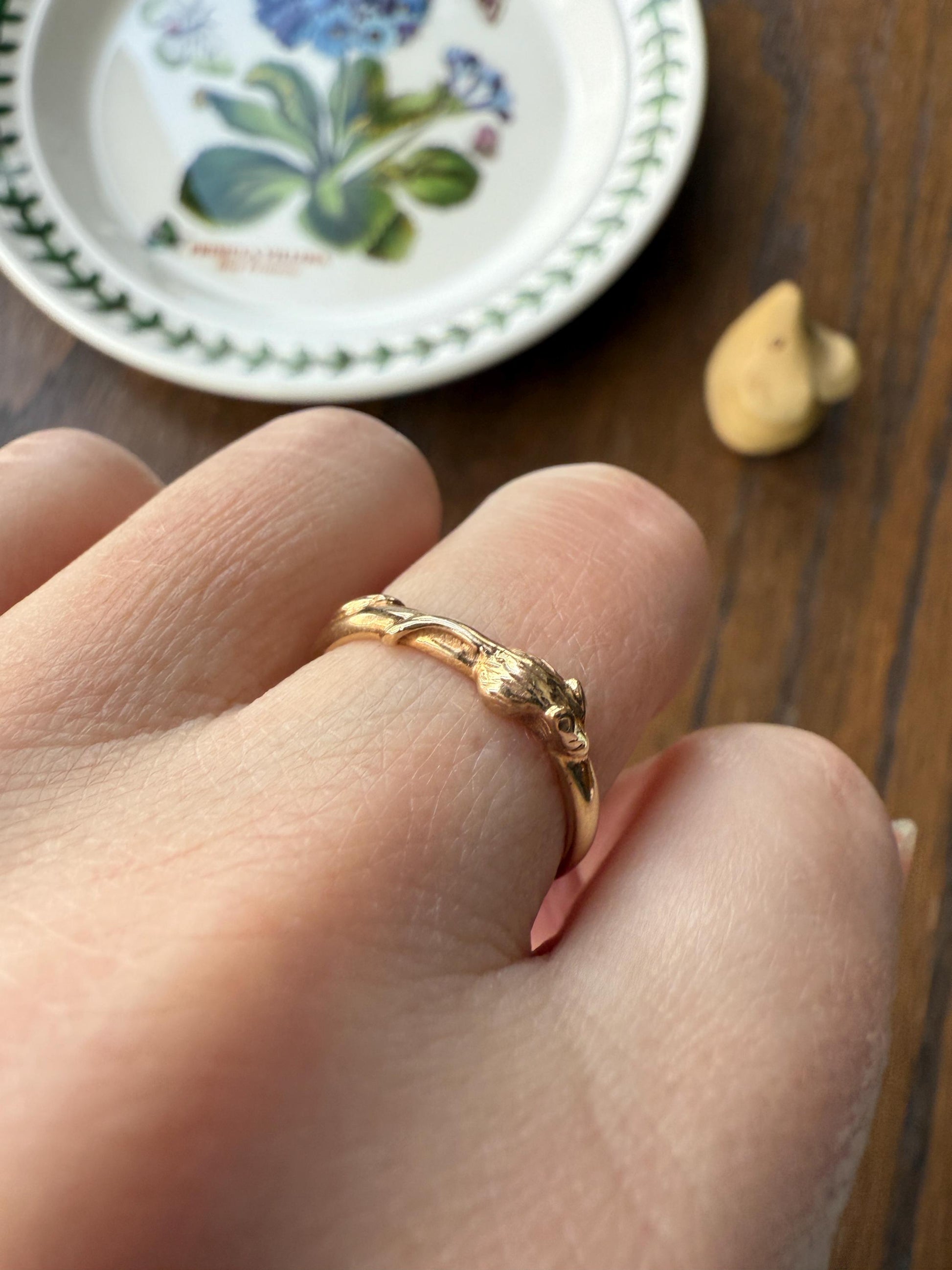 A Mouse from Mouse's House Figural 9k Gold Solid Band Stacker Ring Victorian Style Animal Jewelry Personal Collection Release : )