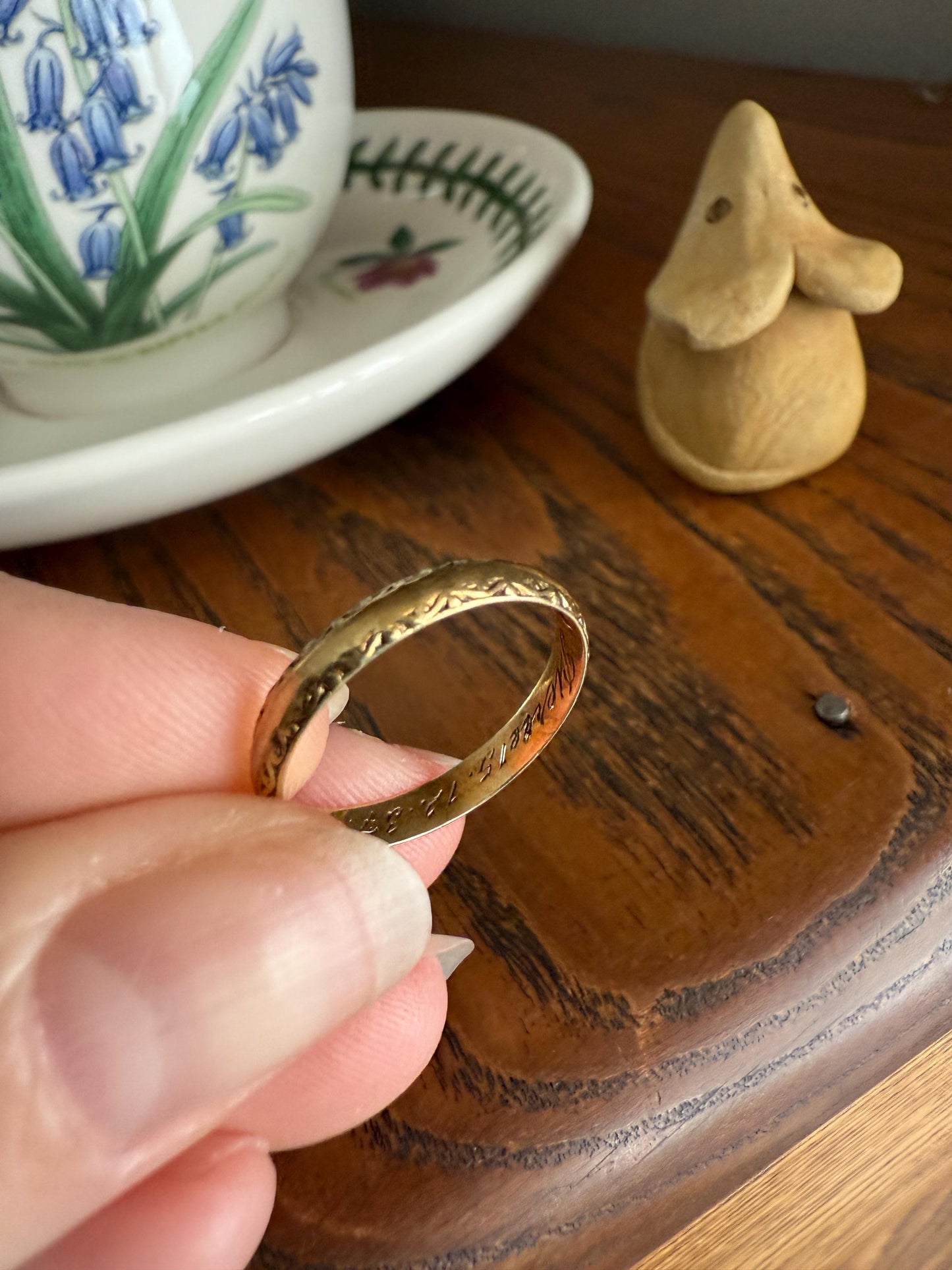 DATED Engraved Vintage Wedding Band Vertical Edge Engraving December 1937 Ornate Swirl Stacker 14k Gold Solid Ring Art Deco