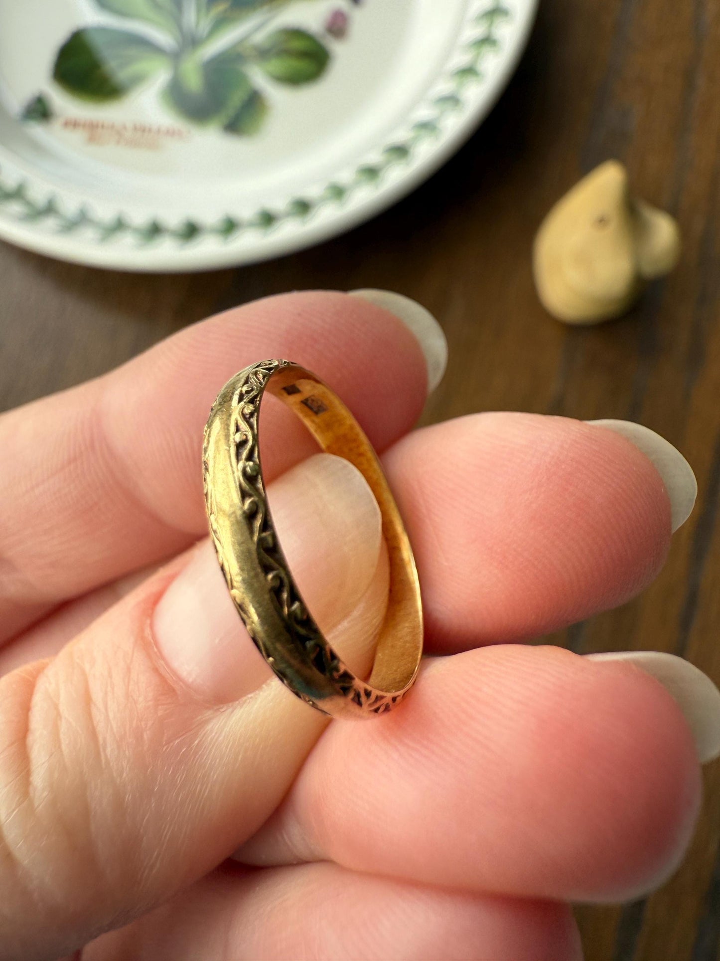 DATED Engraved Vintage Wedding Band Vertical Edge Engraving December 1937 Ornate Swirl Stacker 14k Gold Solid Ring Art Deco