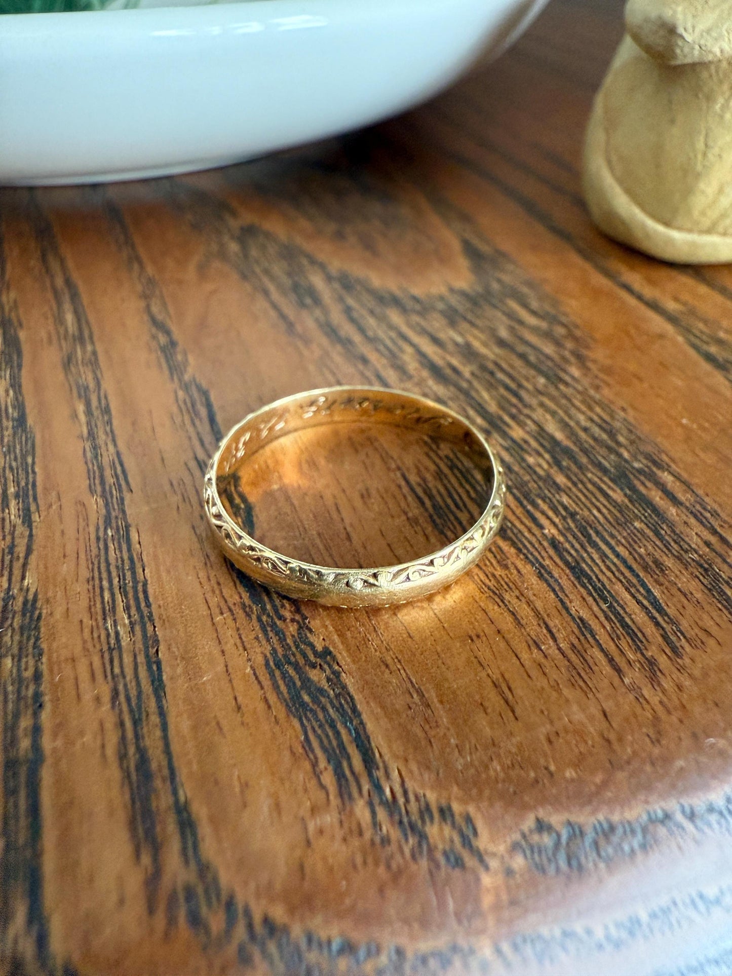 DATED Engraved Vintage Wedding Band Vertical Edge Engraving December 1937 Ornate Swirl Stacker 14k Gold Solid Ring Art Deco