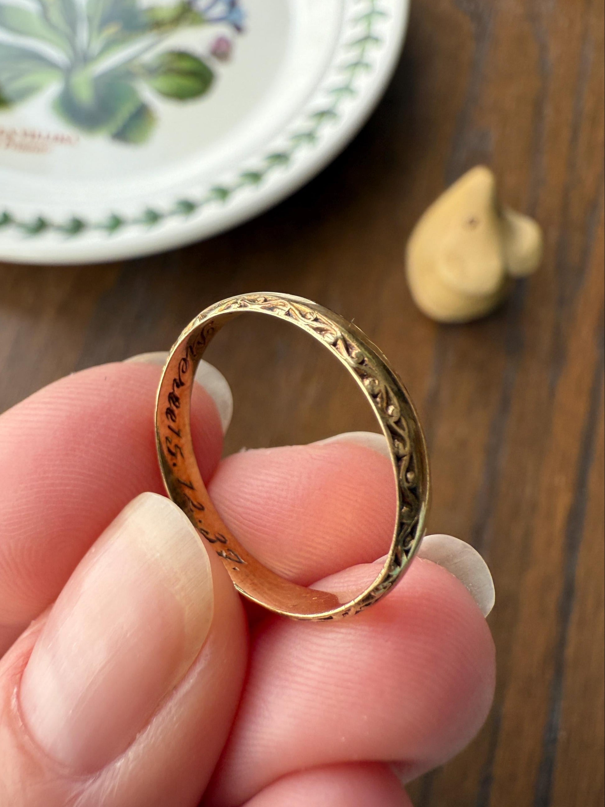 DATED Engraved Vintage Wedding Band Vertical Edge Engraving December 1937 Ornate Swirl Stacker 14k Gold Solid Ring Art Deco