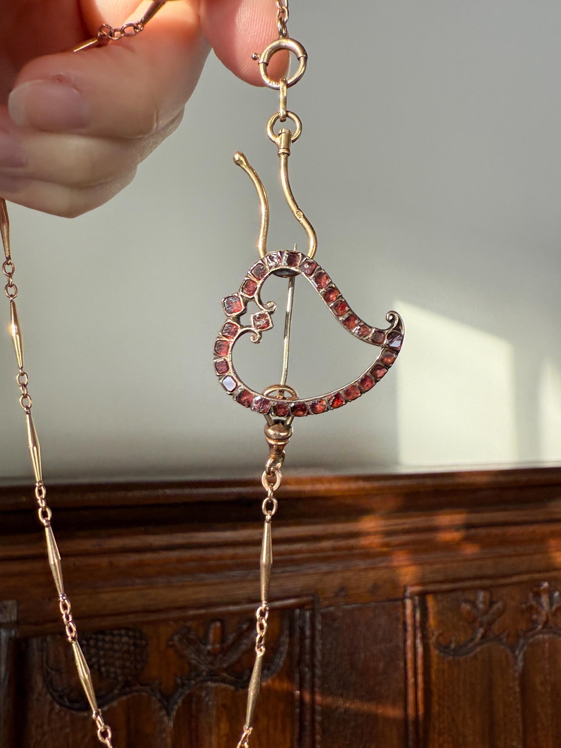 Georgian Antique Crowned WITCH'S HEART Flat Cut Garnet Figural 9k Gold Brooch Pendant Charm Holder Extender Connector Romantic Gift