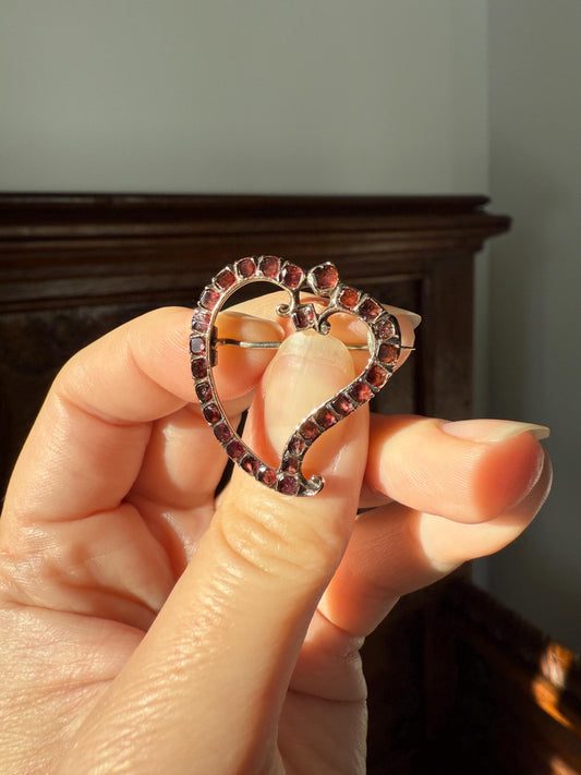 Georgian Antique Crowned WITCH'S HEART Flat Cut Garnet Figural 9k Gold Brooch Pendant Charm Holder Extender Connector Romantic Gift