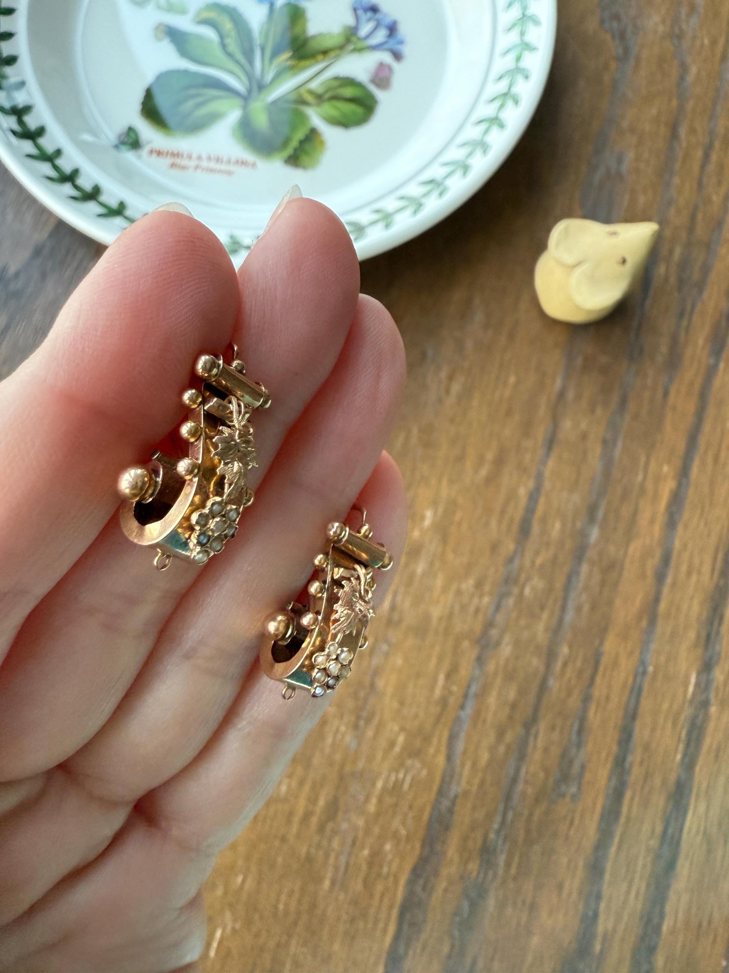 GRAPES Leaf Vine Seed Peral French Regional Antique 18k GOLD Solid Poissarde Dangle EARRINGS Ball Rivet Victorian Etruscan Gift Belle Epoque
