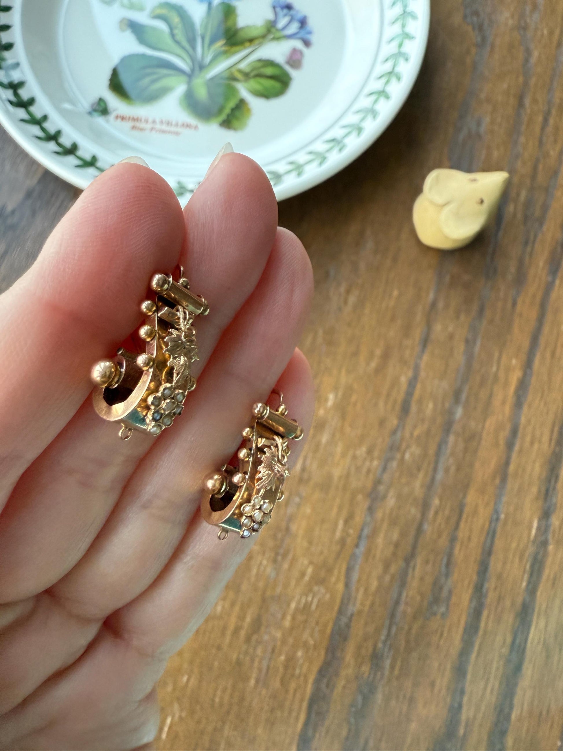 GRAPES Leaf Vine Seed Peral French Regional Antique 18k GOLD Solid Poissarde Dangle EARRINGS Ball Rivet Victorian Etruscan Gift Belle Epoque